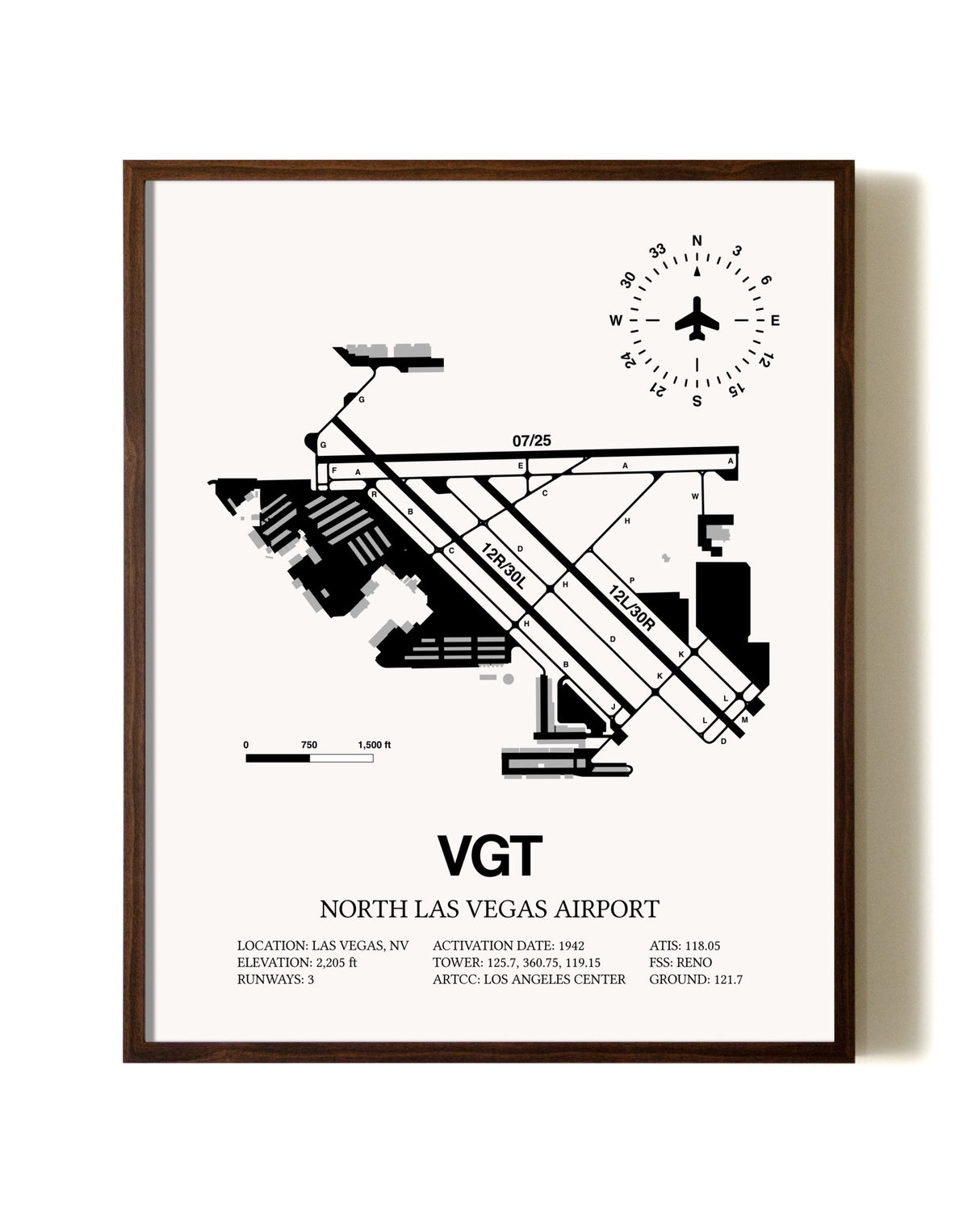 North Las Vegas Airport aviation print in walnut frame