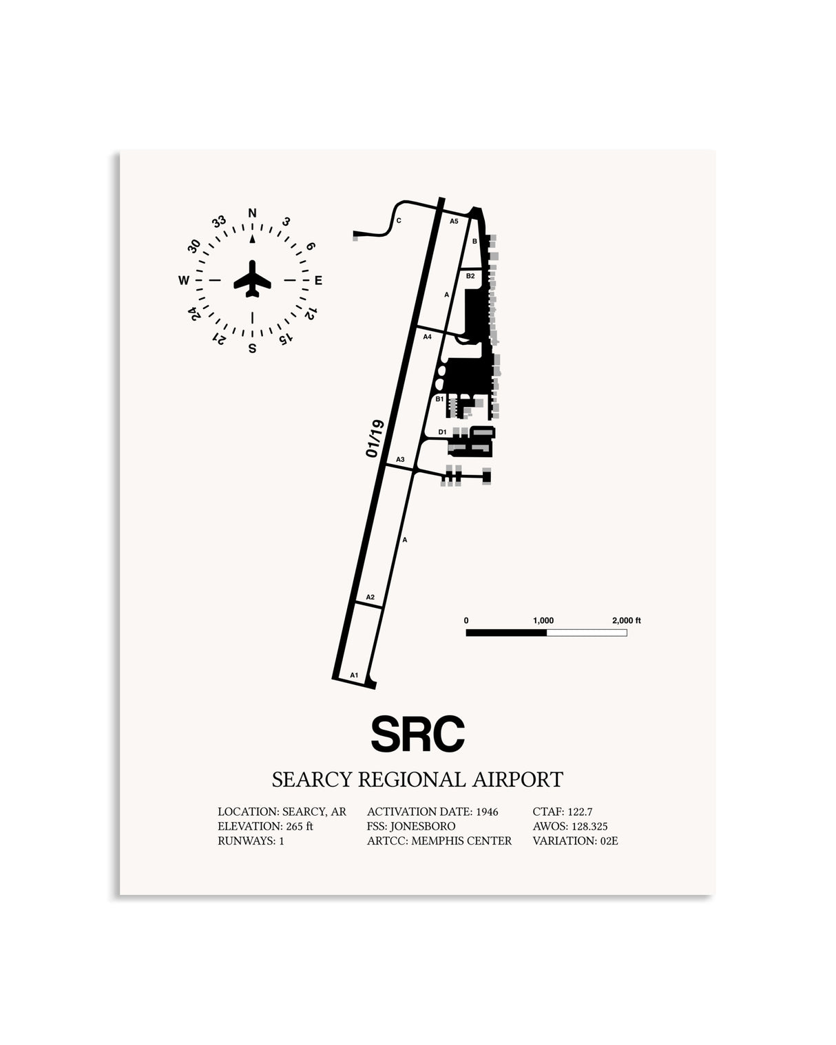 Gray Searcy Regional Airport framed poster displayed in an airplane hangar