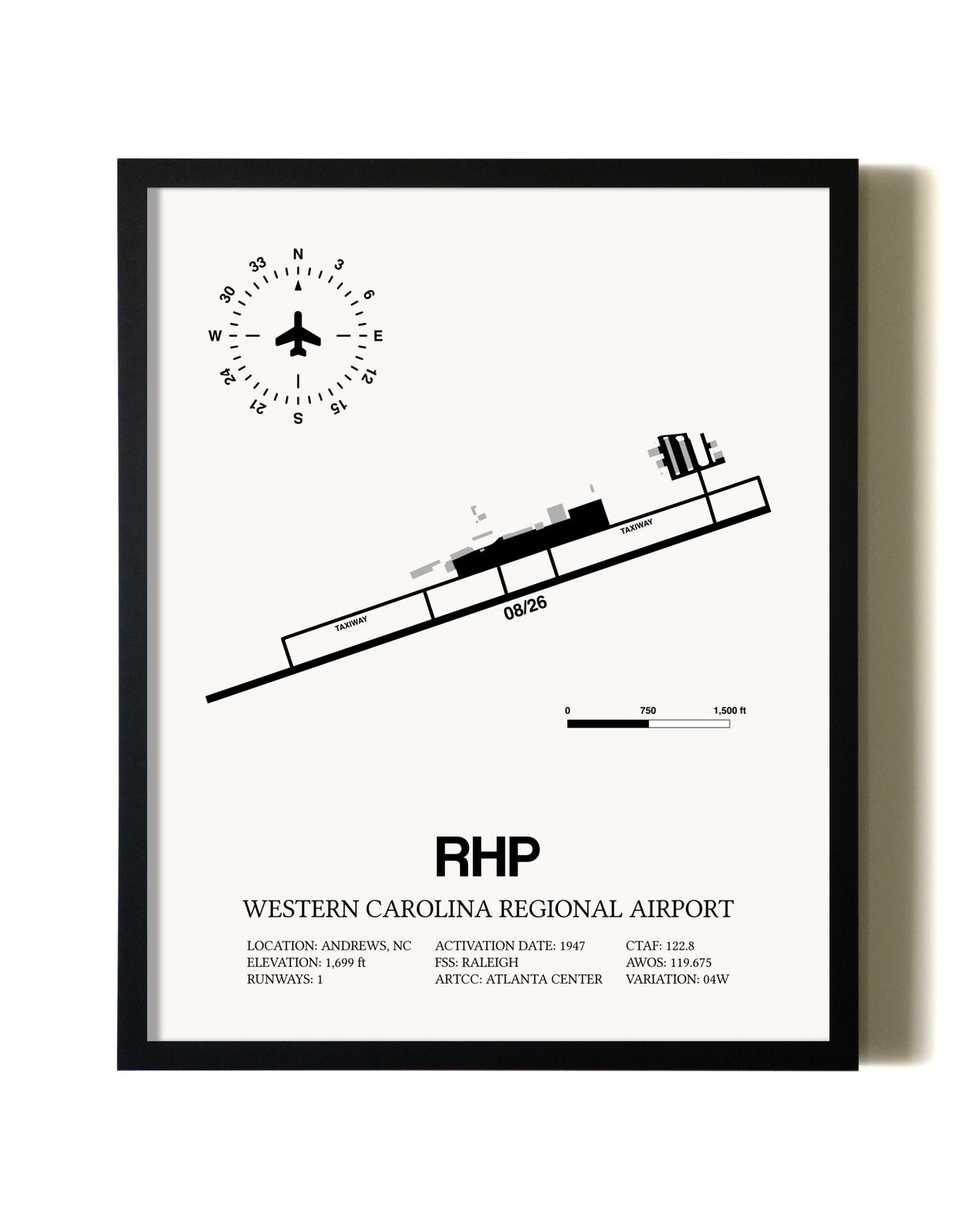 Framed Western Carolina Regional Airport wall art poster in black frame