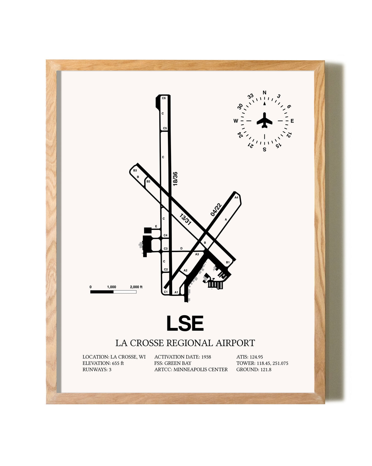 La Crosse Regional Airport framed print in natural wood frame