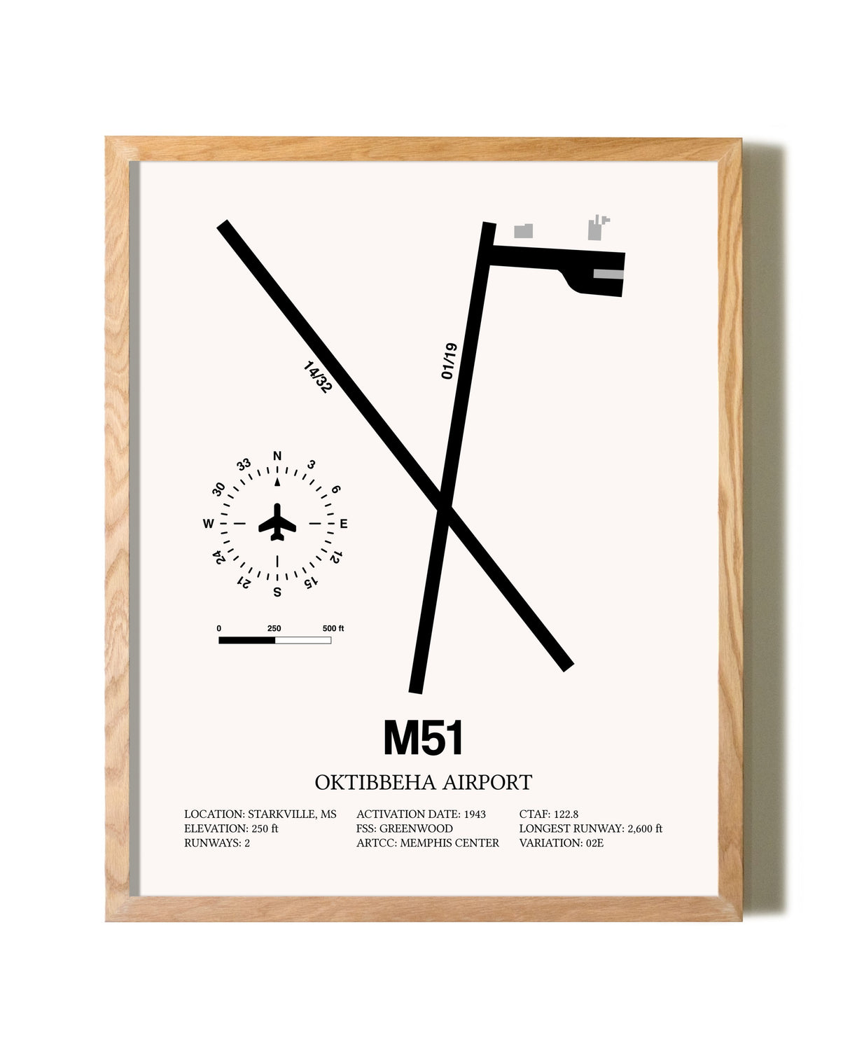 Oktibbeha Airport framed print in natural wood frame