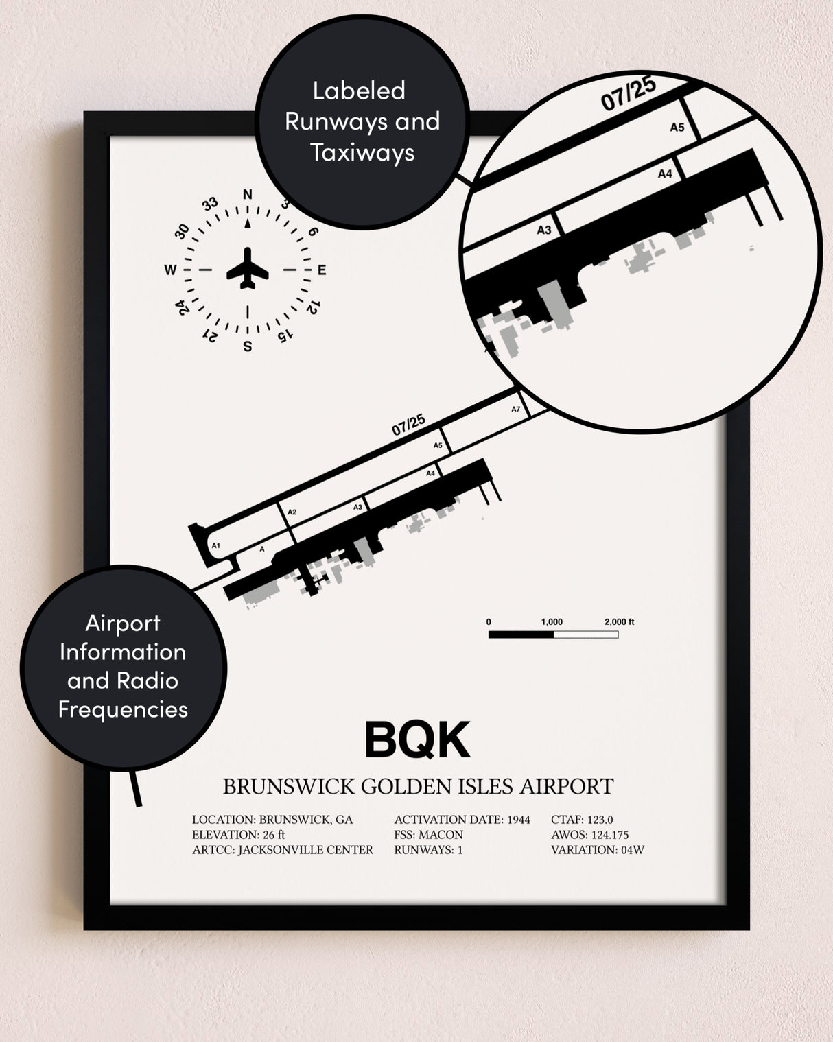 Framed Brunswick Golden Isles Airport layout wall art poster