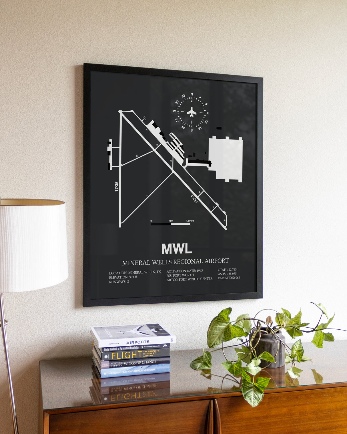 Gray Framed Mineral Wells Regional Airport wall art poster in black frame