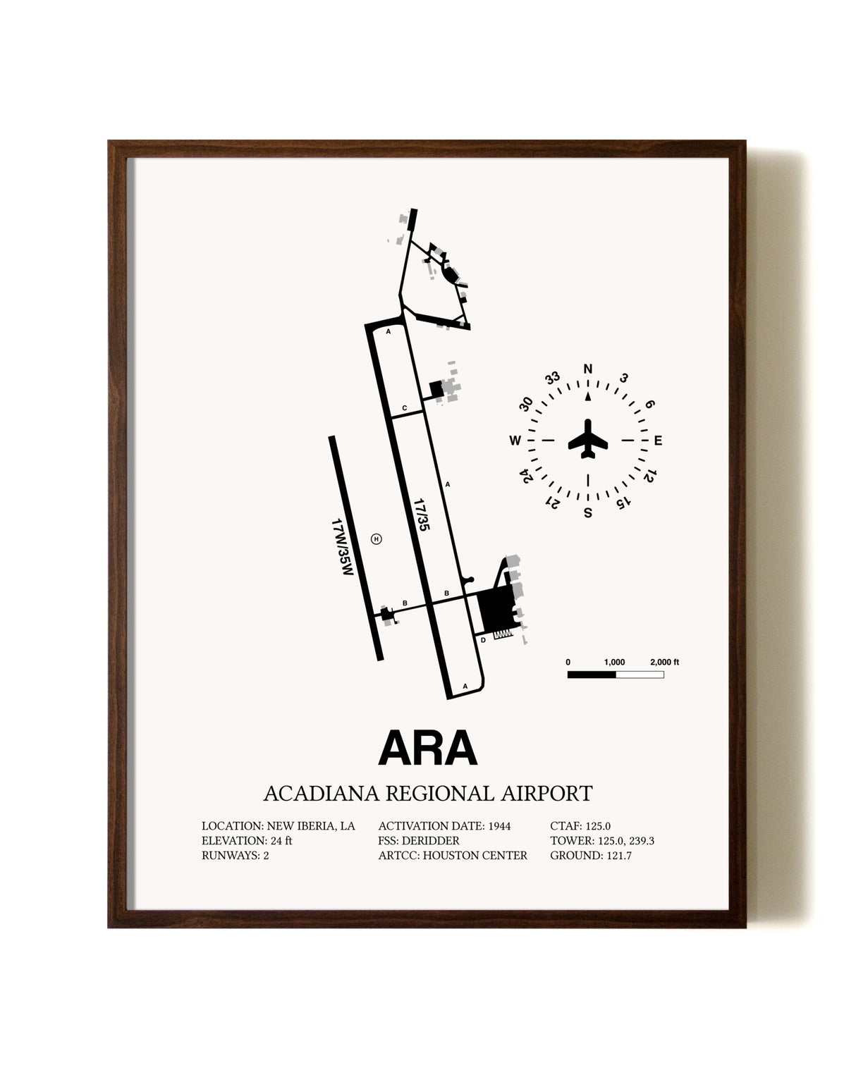 Acadiana Regional Airport aviation print in walnut frame