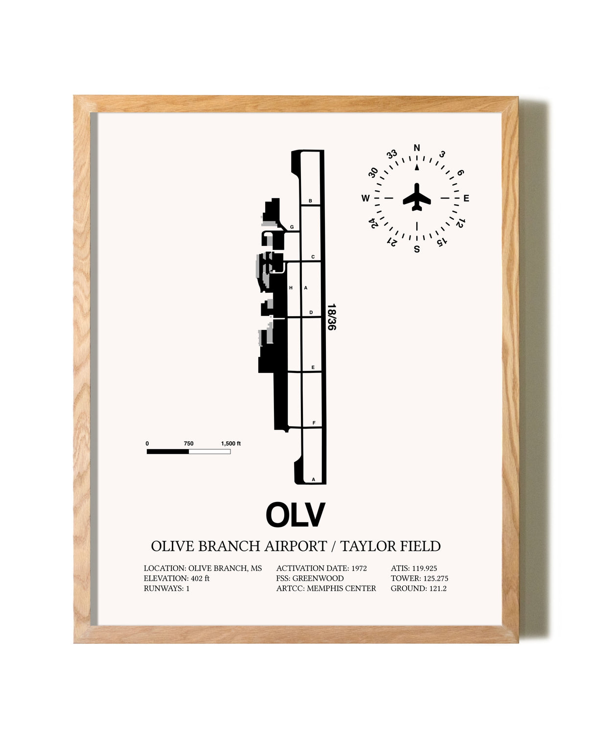 Olive Branch Airport / Taylor Field framed print in natural wood frame