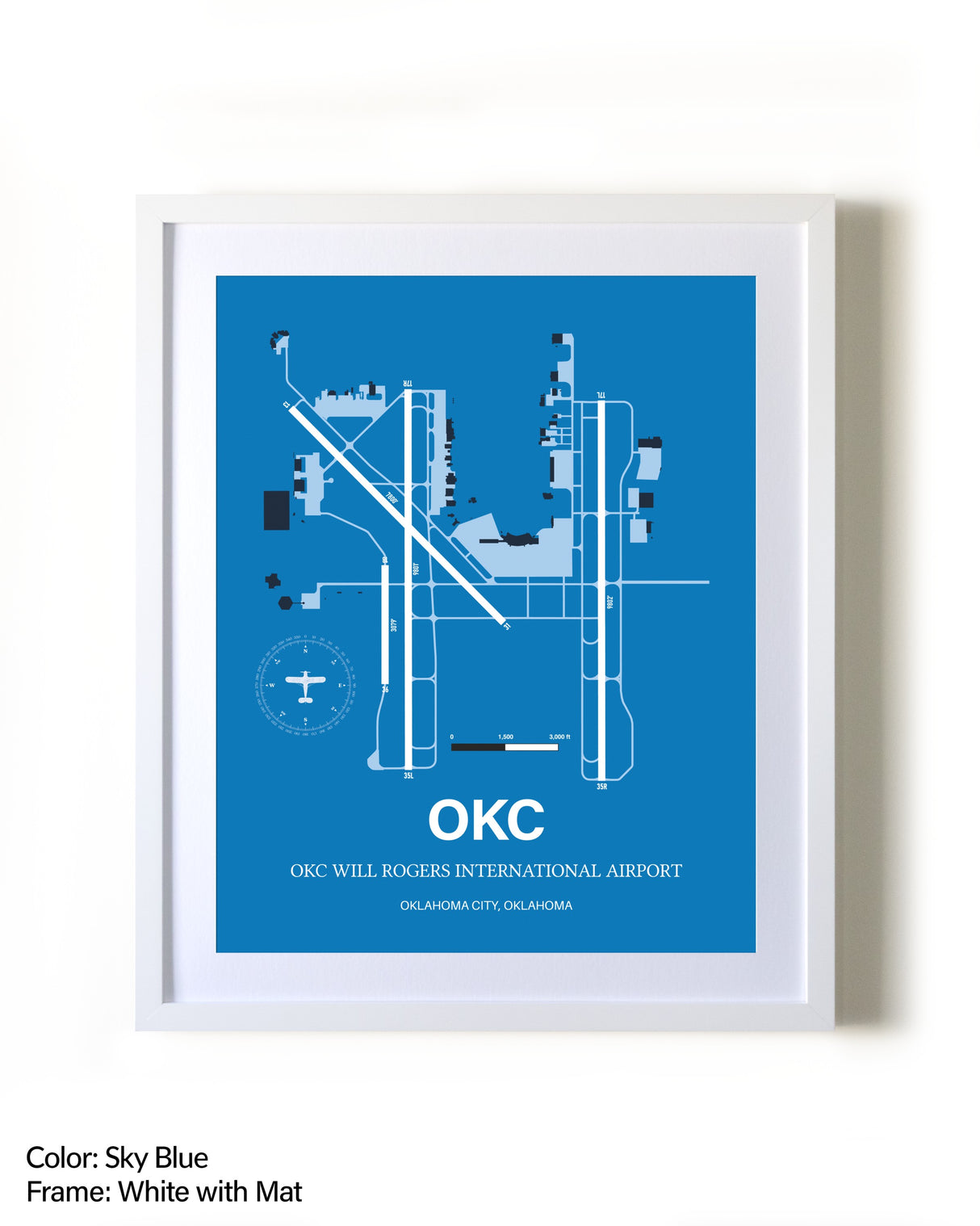 OKC Will Rogers International Airport framed wall art in white frame with mat