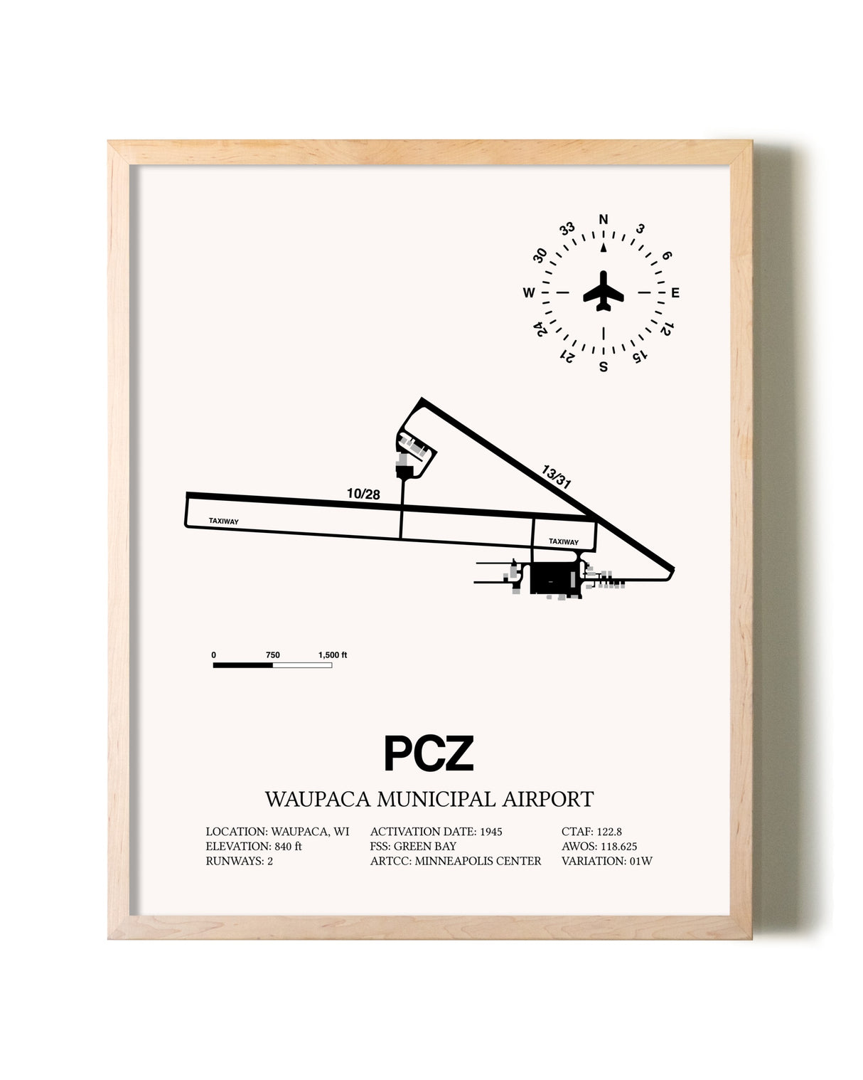Waupaca Municipal Airport framed wall art in white frame