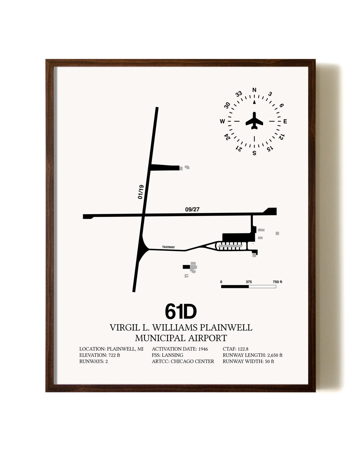 Virgil L. Williams Plainwell Municipal Airport aviation print in walnut frame