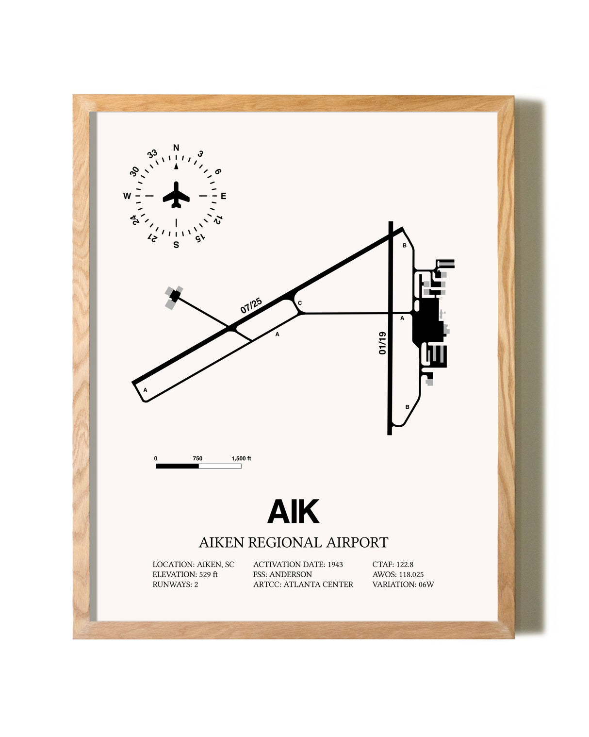 Aiken Regional Airport framed print in natural wood frame