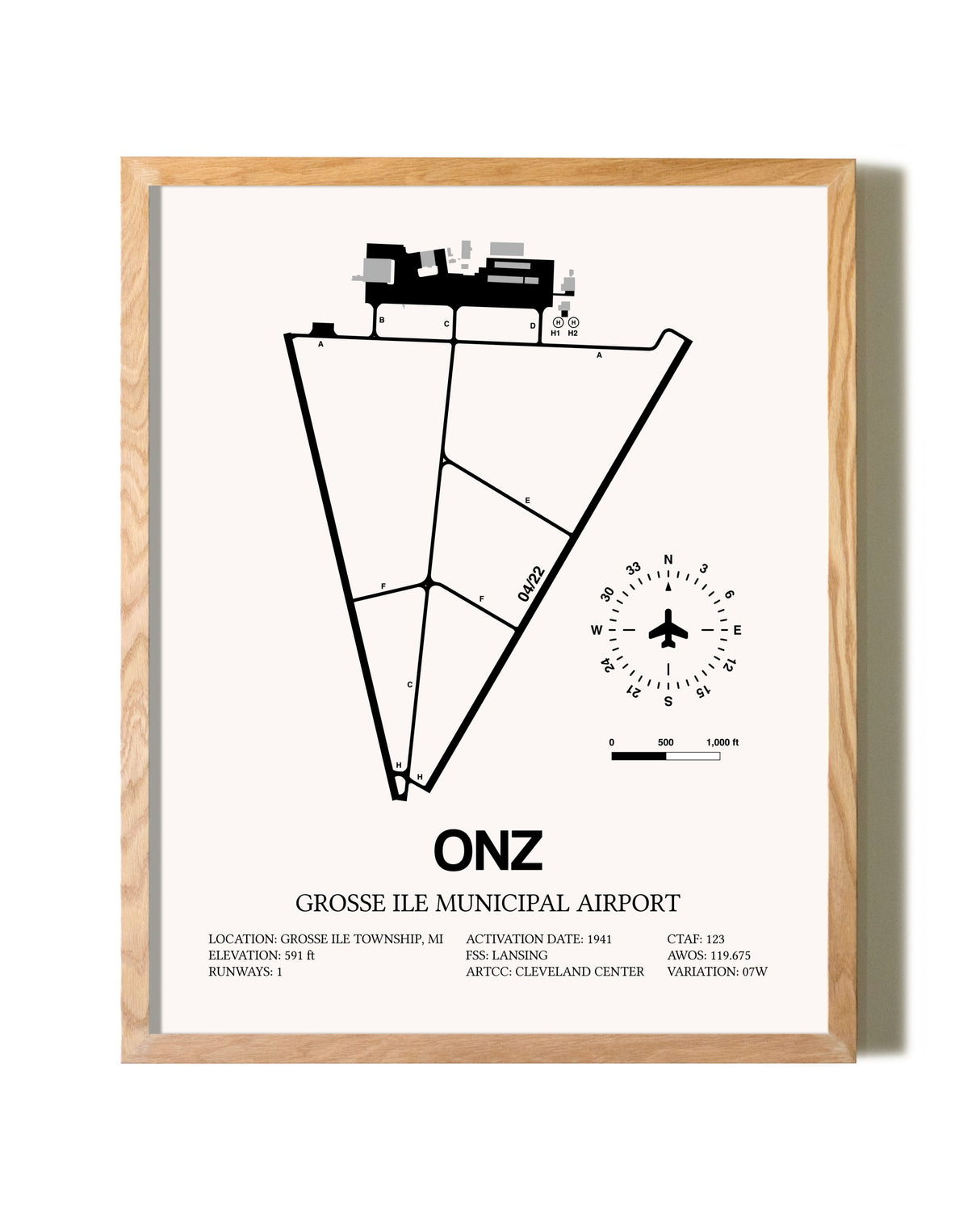 Grosse Ile Municipal Airport framed print in natural wood frame