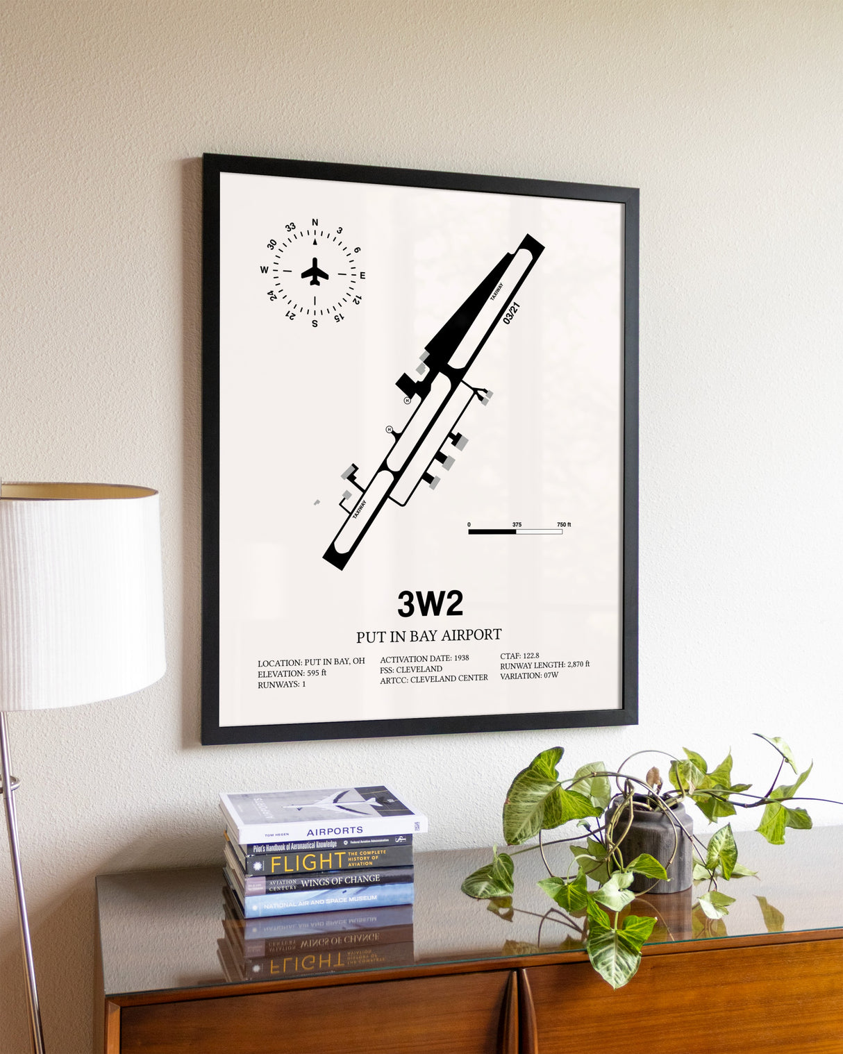Put in Bay Airport aviation wall décor in black wood frame