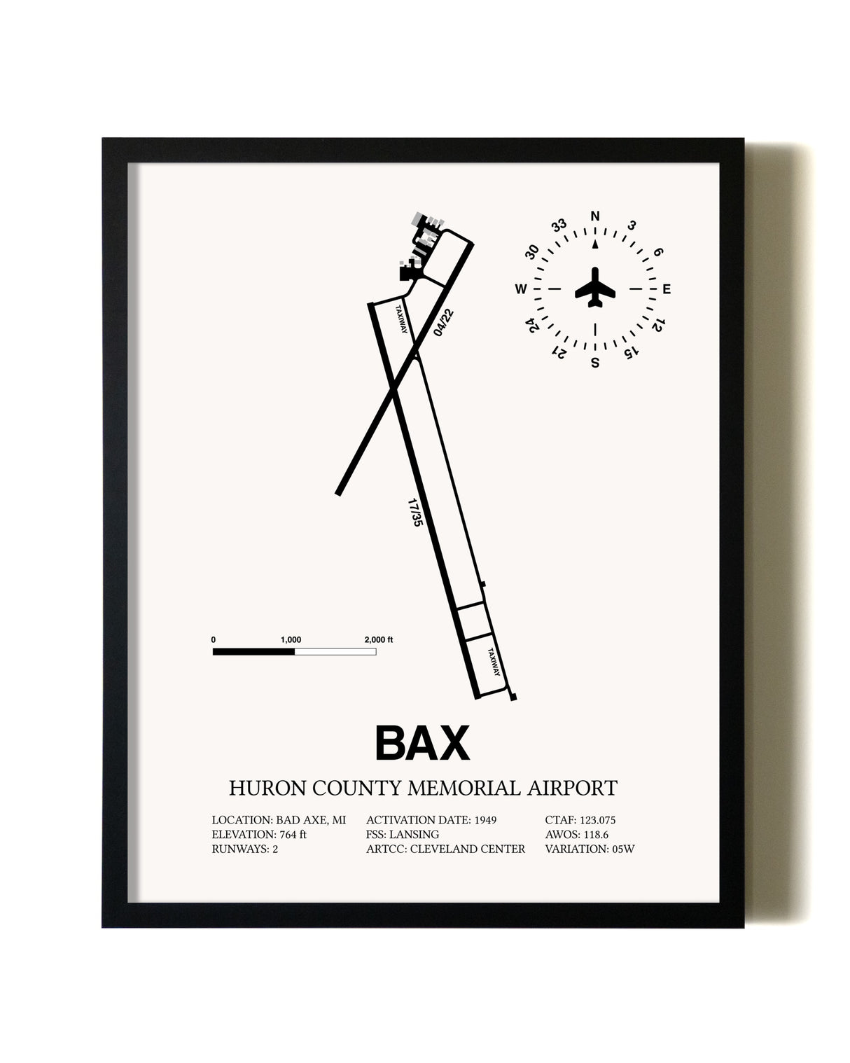 Framed Huron County Memorial Airport wall art poster in black frame