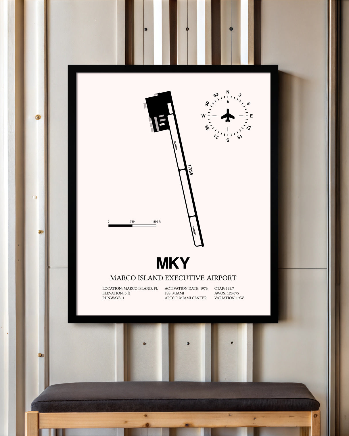 Marco Island Executive Airport framed poster displayed in an airplane hangar
