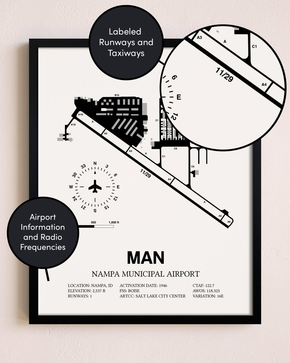Framed Nampa Municipal Airport layout wall art poster