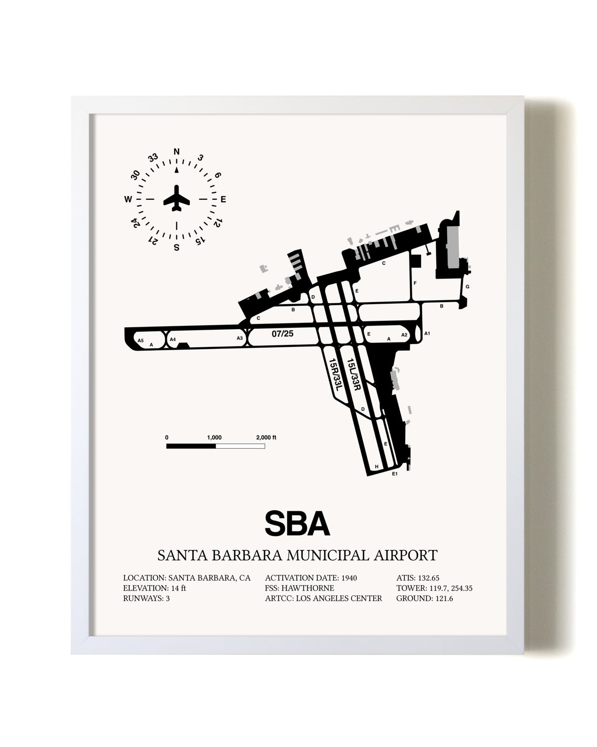 Santa Barbara Municipal Airport airport map poster in oak frame