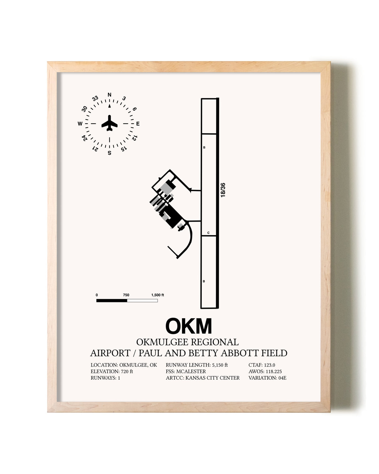 Okmulgee Regional Airport / Paul And Betty Abbott Field framed wall art in white frame