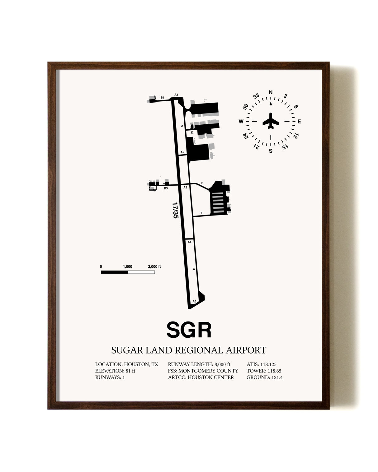 Sugar Land Regional Airport aviation print in walnut frame
