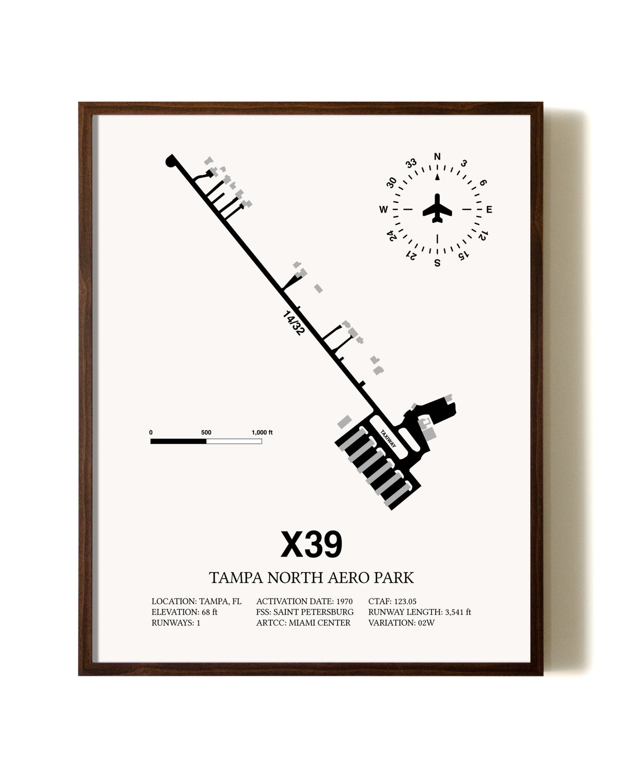 Tampa North Aero Park aviation print in walnut frame