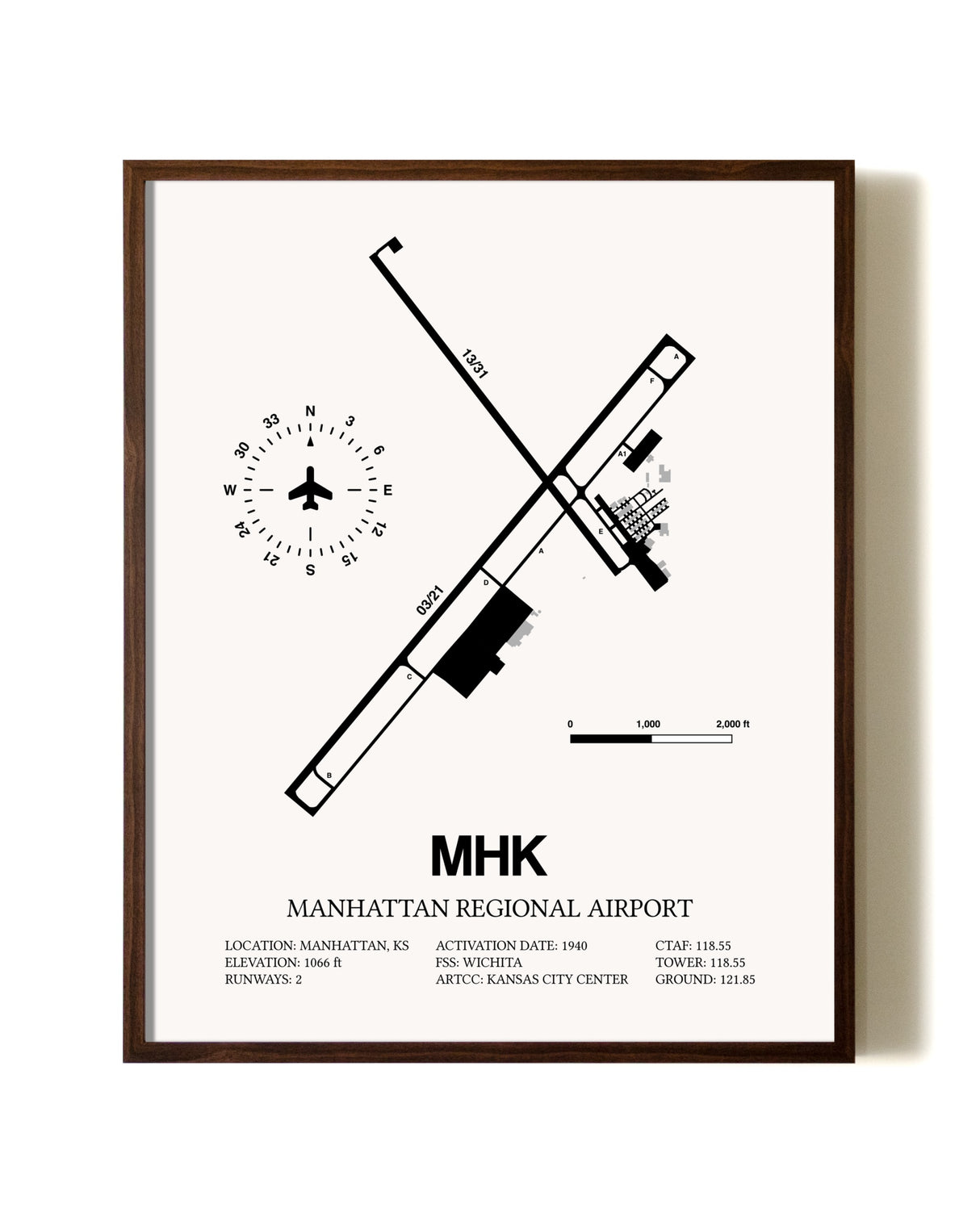 Manhattan Regional Airport aviation print in walnut frame