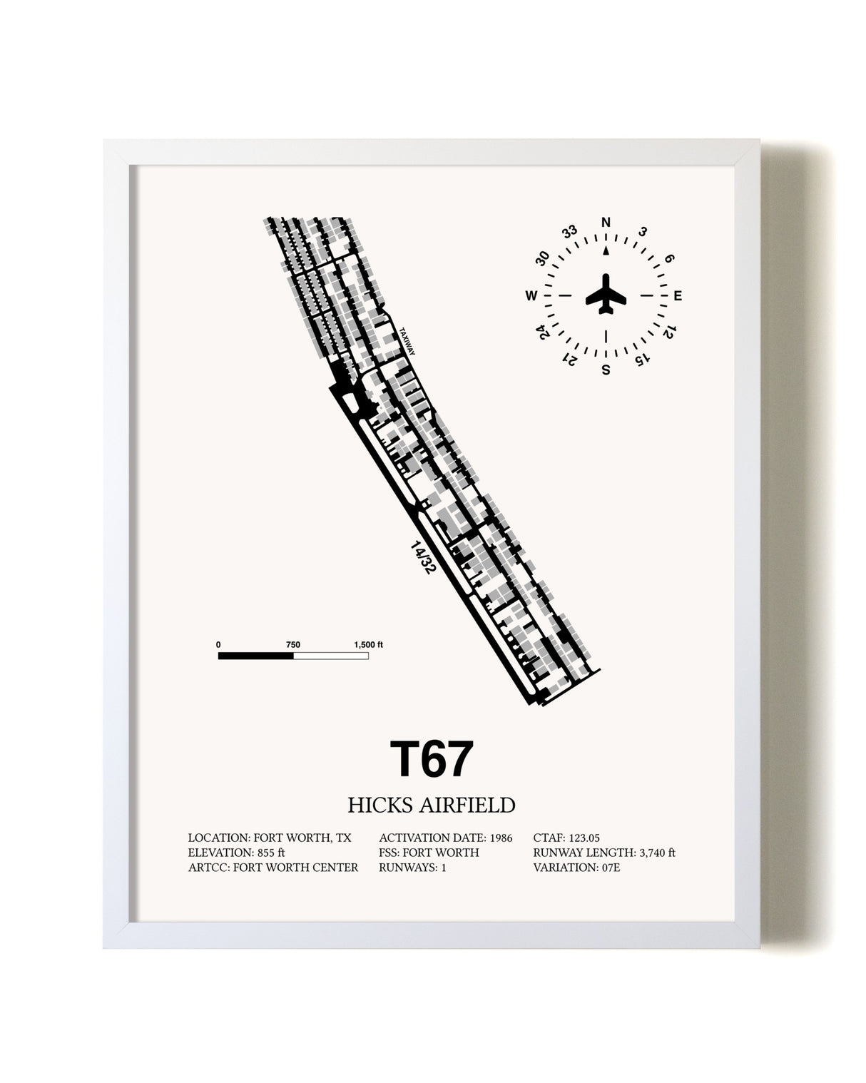Hicks Airfield airport map poster in oak frame