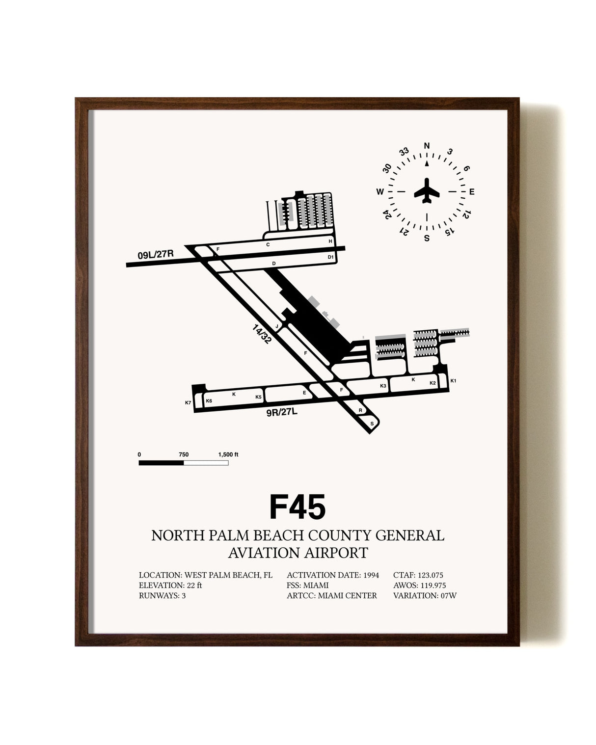 North Palm Beach County General Aviation Airport aviation print in walnut frame