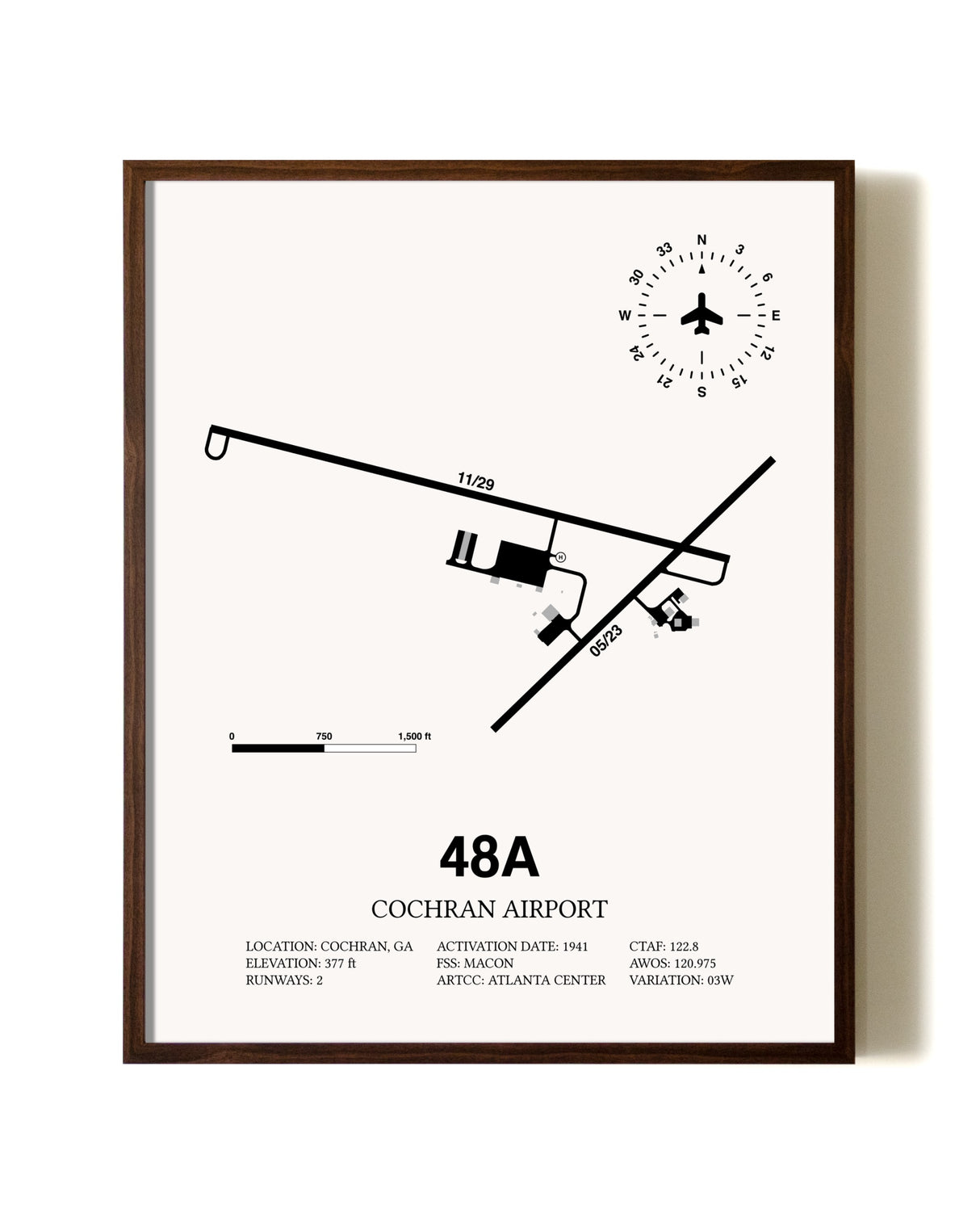 Cochran Airport aviation print in walnut frame