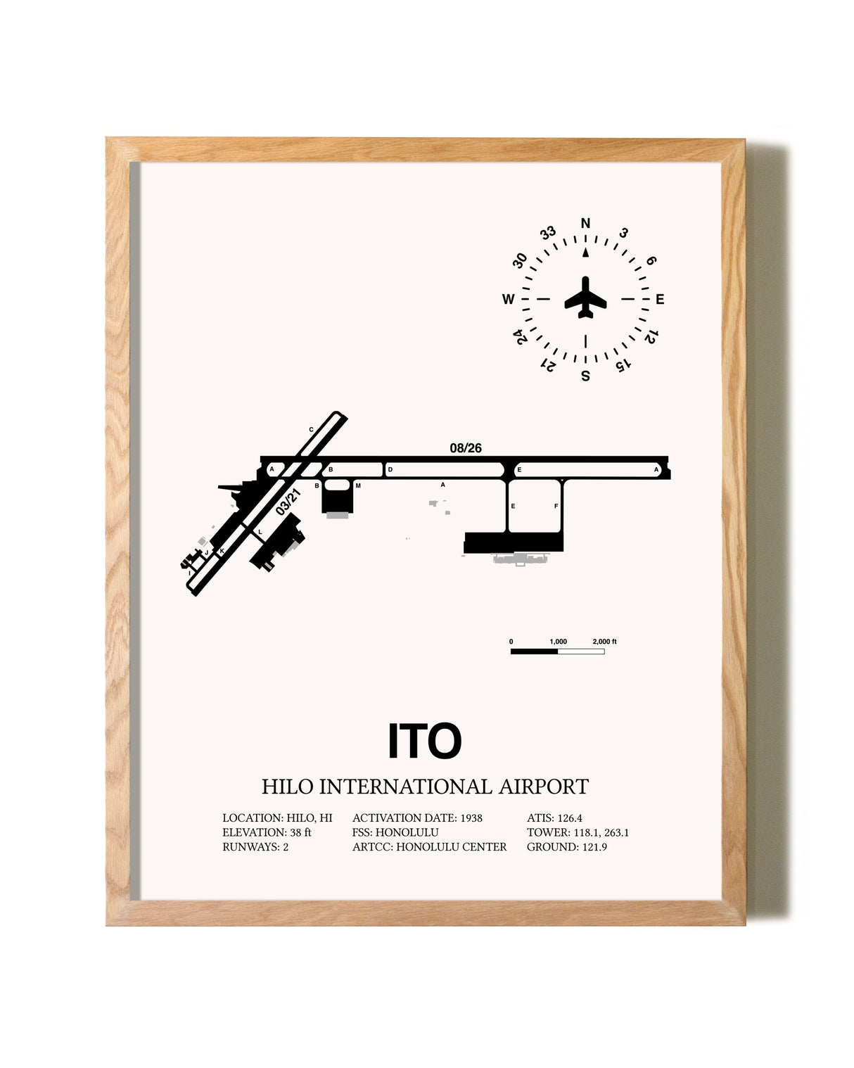 Hilo International Airport framed print in natural wood frame