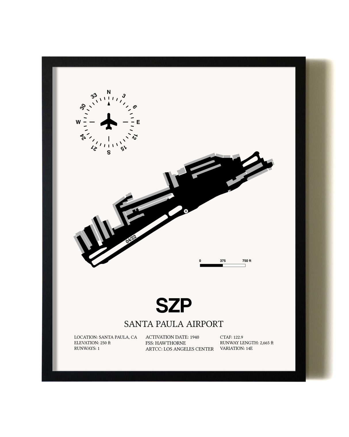 Framed Santa Paula Airport wall art poster in black frame