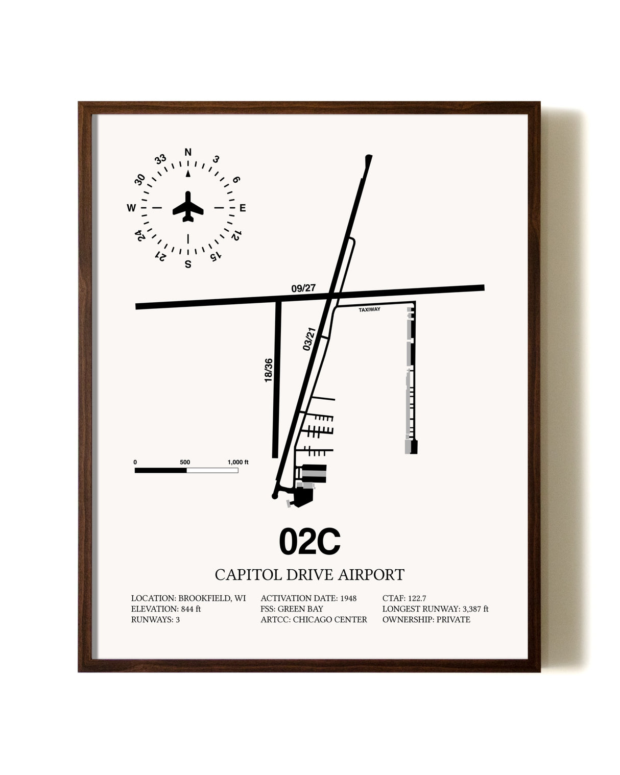 Capitol Drive Airport aviation print in walnut frame