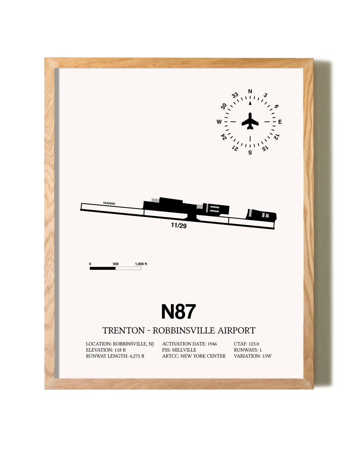 Trenton-Robbinsville Airport framed print in natural wood frame