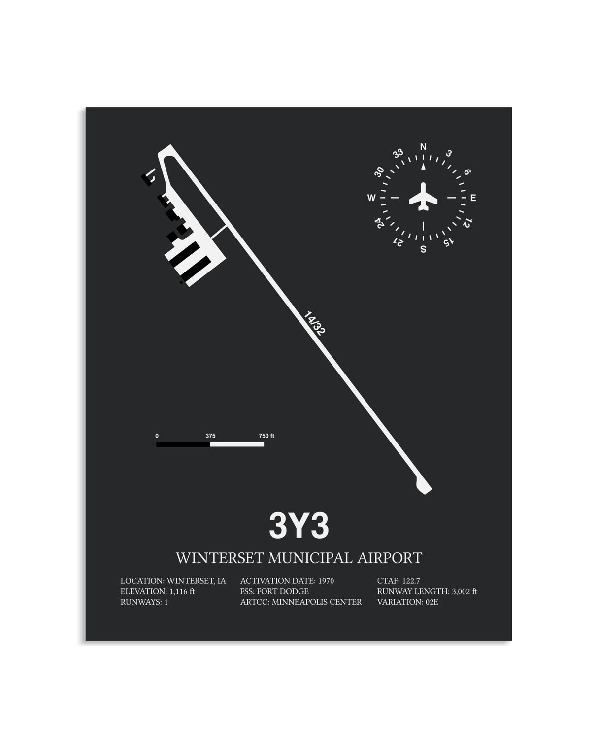 Gray Framed Winterset Municipal Airport layout wall art poster