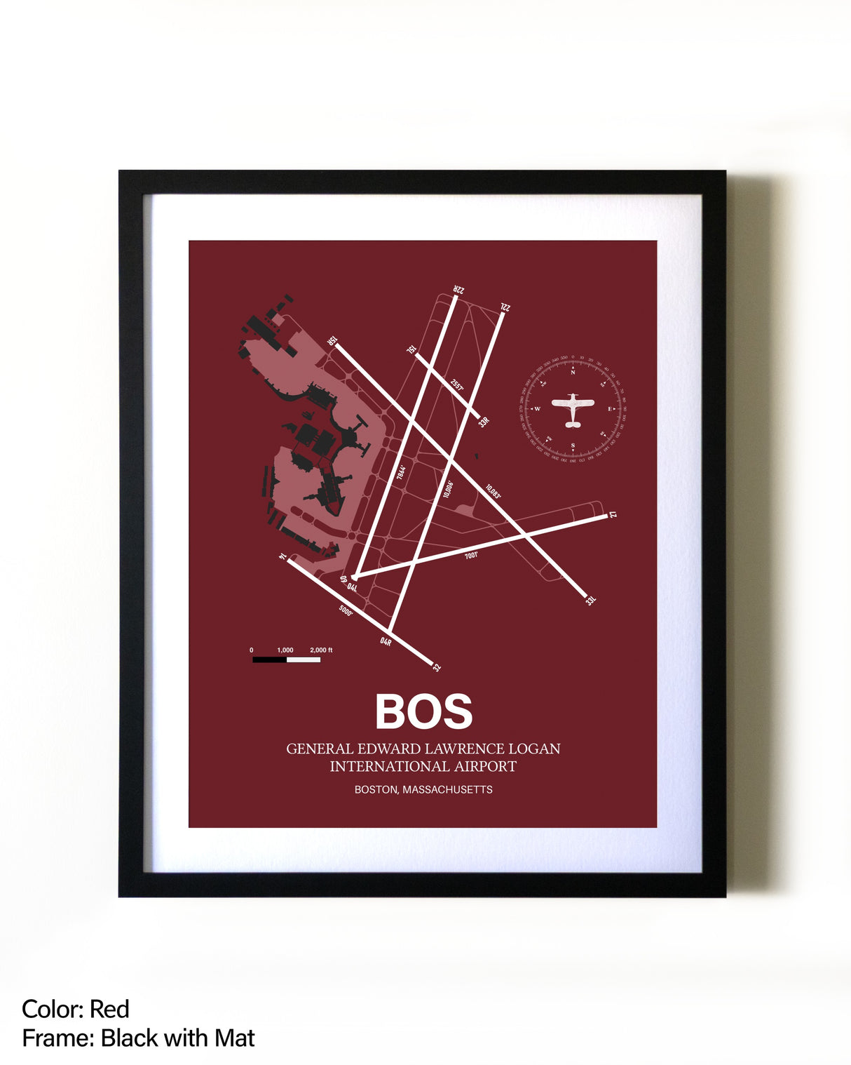 Boston Logan International Airport aviation wall décor in black wood frame