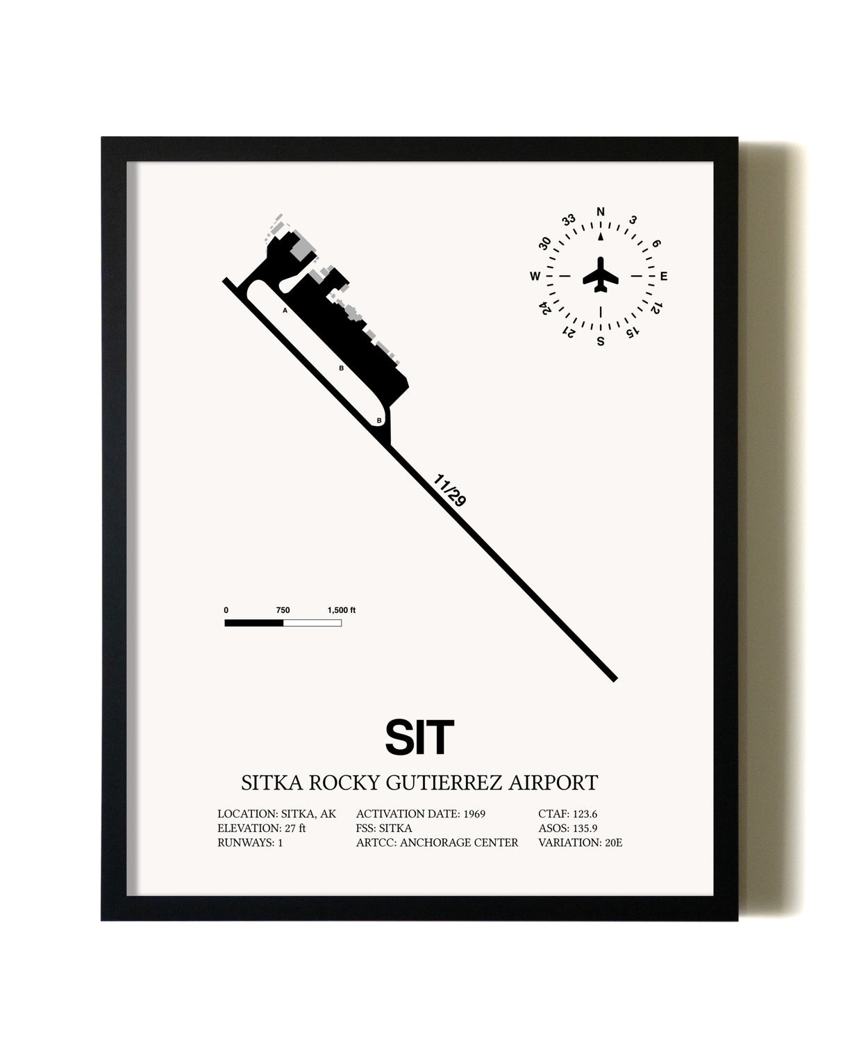 Framed Sitka Rocky Gutierrez Airport wall art poster in black frame