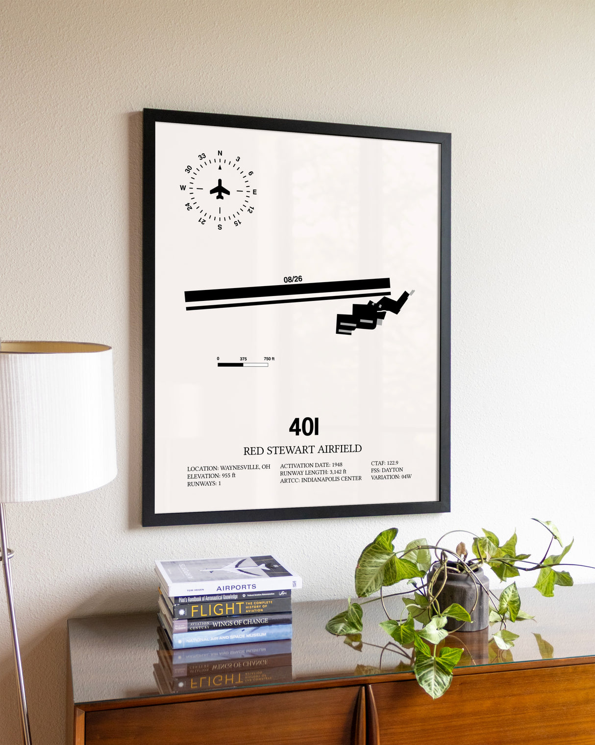Red Stewart Airfield aviation wall décor in black wood frame