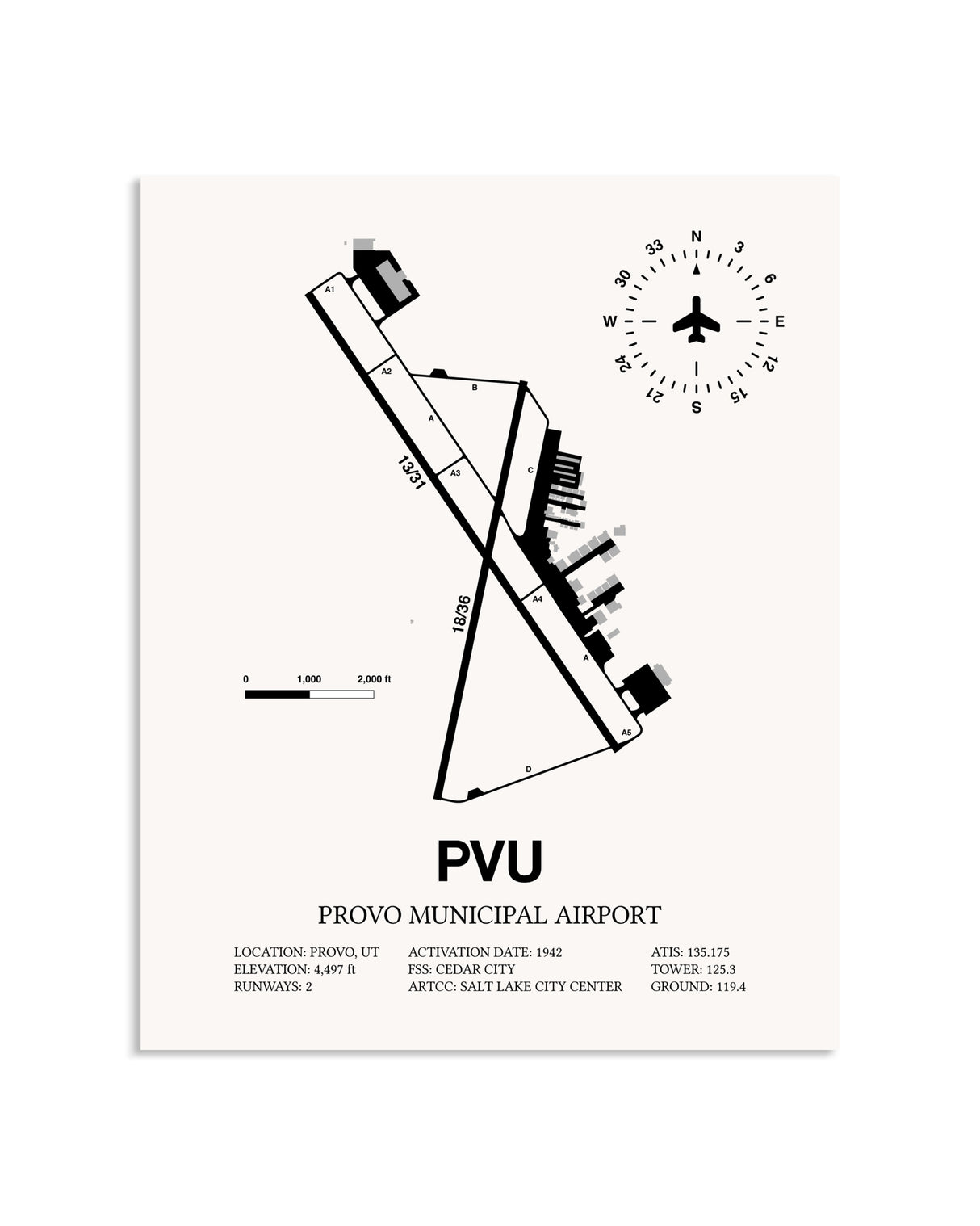 Gray Provo Municipal Airport framed poster displayed in an airplane hangar