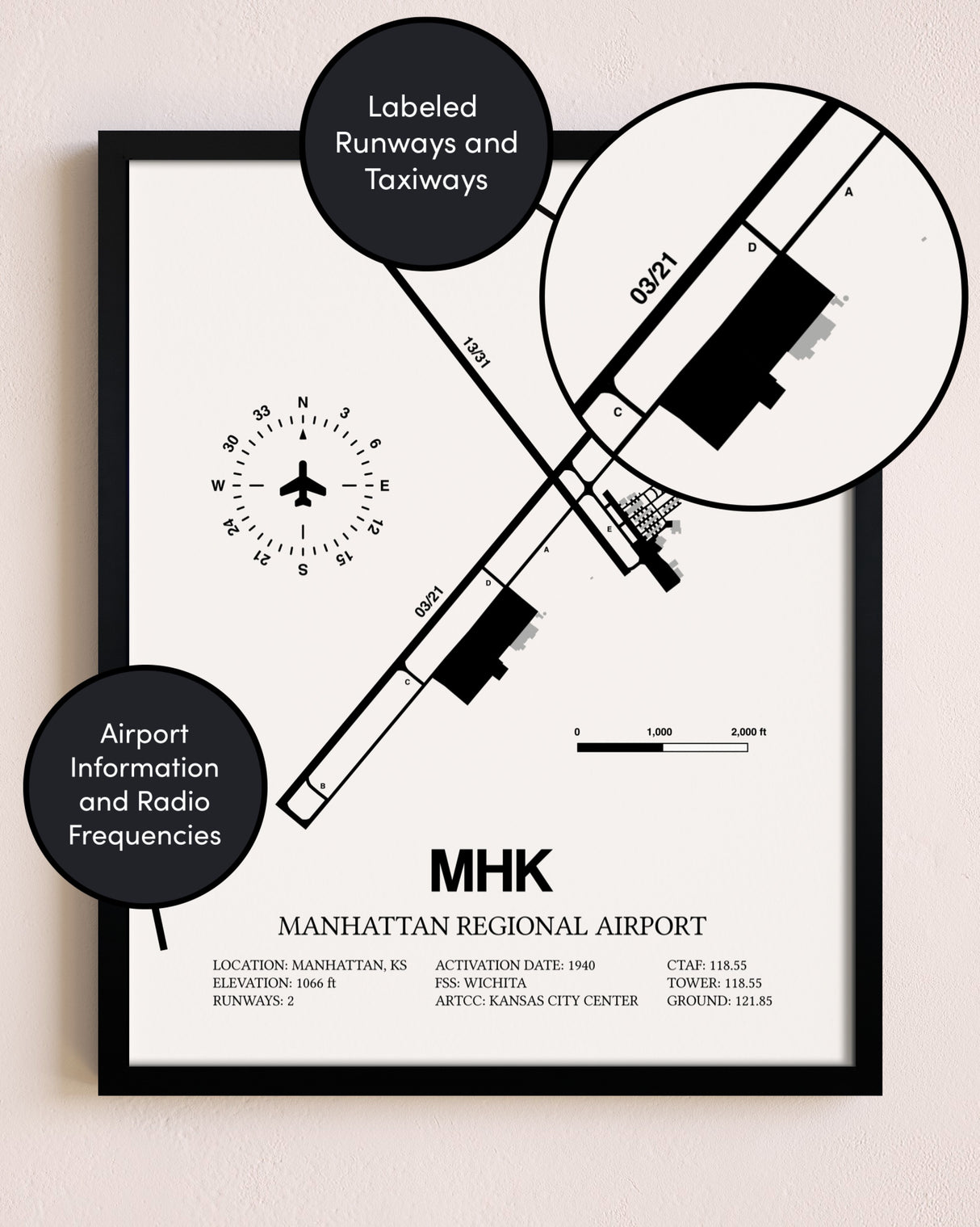 Framed Manhattan Regional Airport layout wall art poster