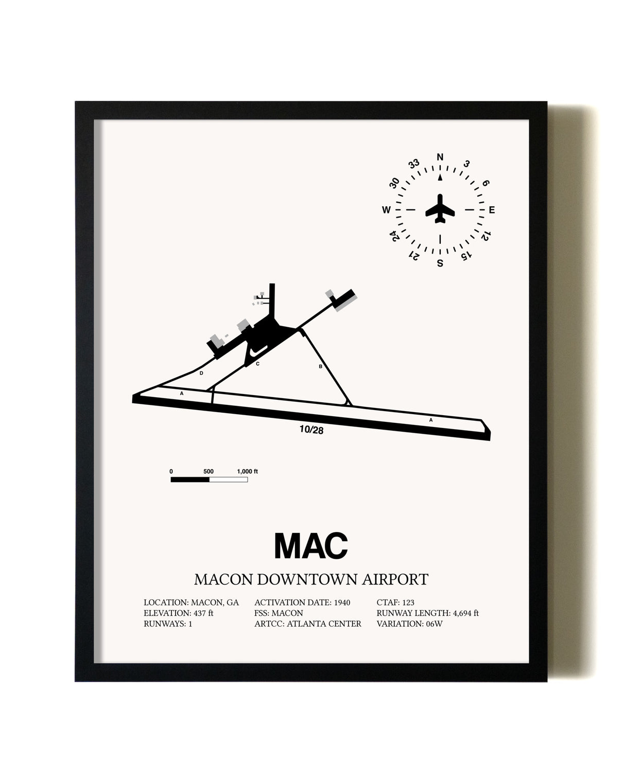 Framed Macon Downtown Airport wall art poster in black frame