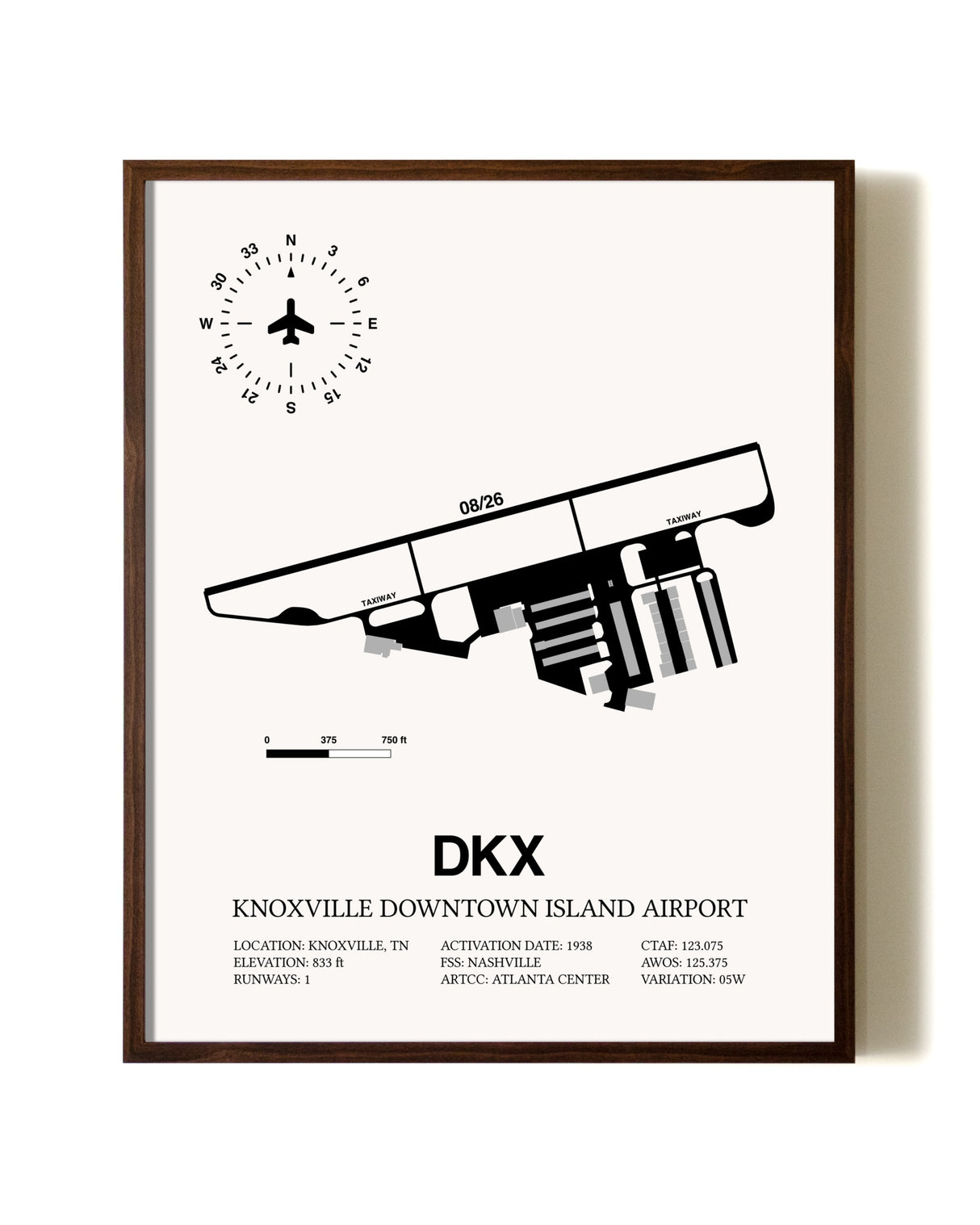 Knoxville Downtown Island Airport aviation print in walnut frame