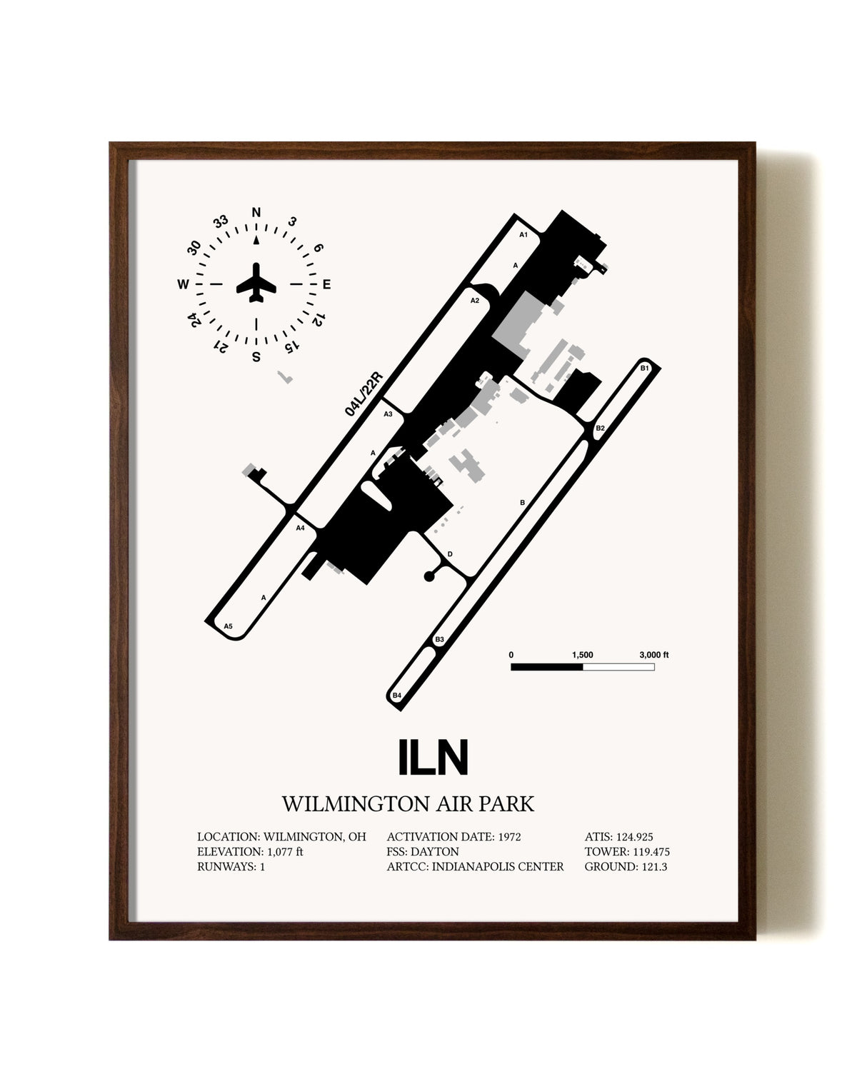 Wilmington Air Park aviation print in walnut frame