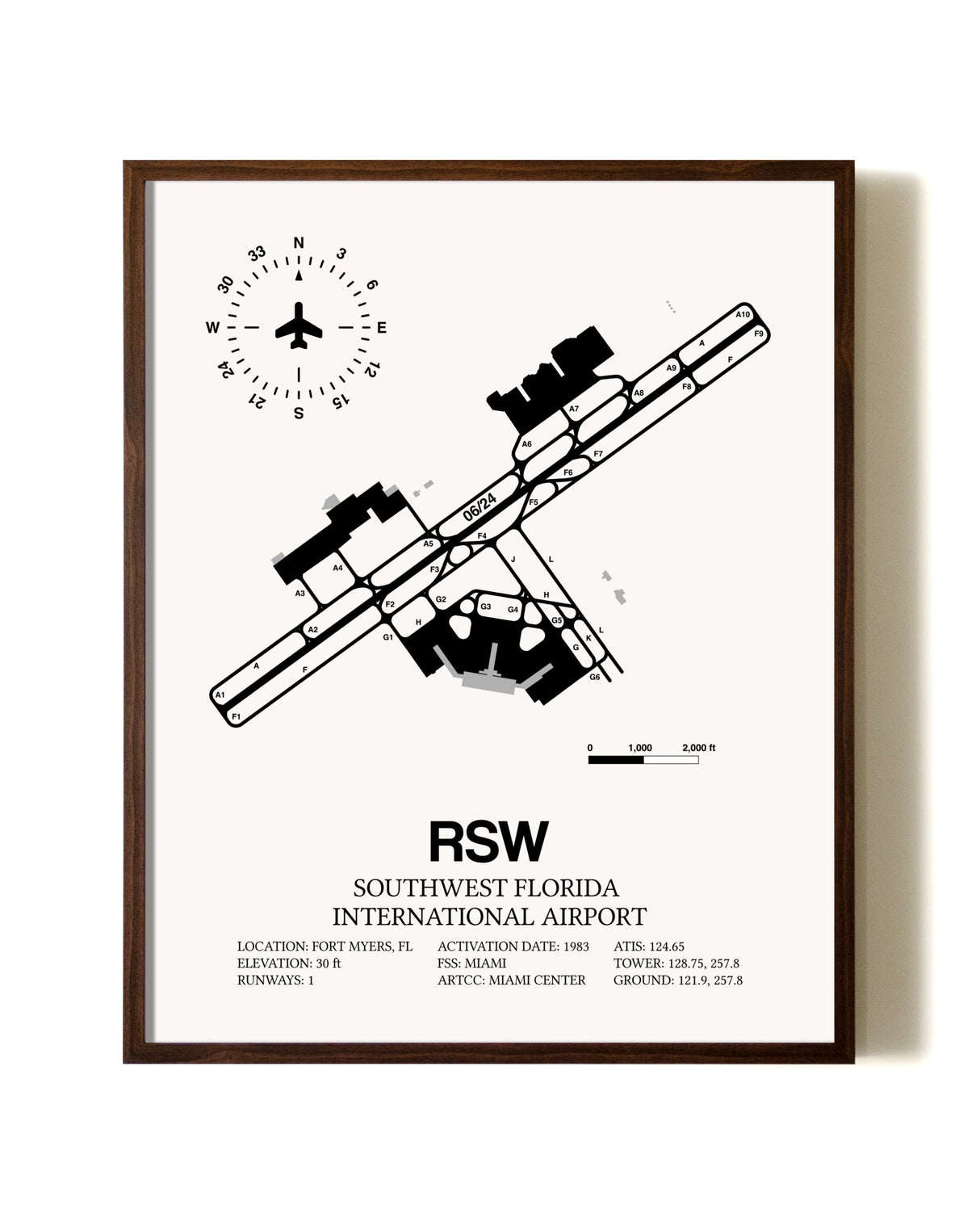 Southwest Florida International Airport aviation print in walnut frame