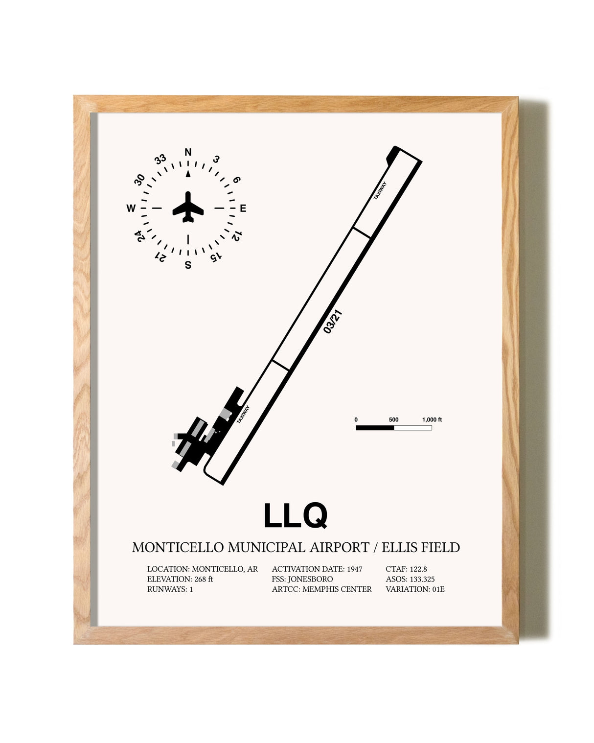 Monticello Municipal Airport / Ellis Field framed print in natural wood frame