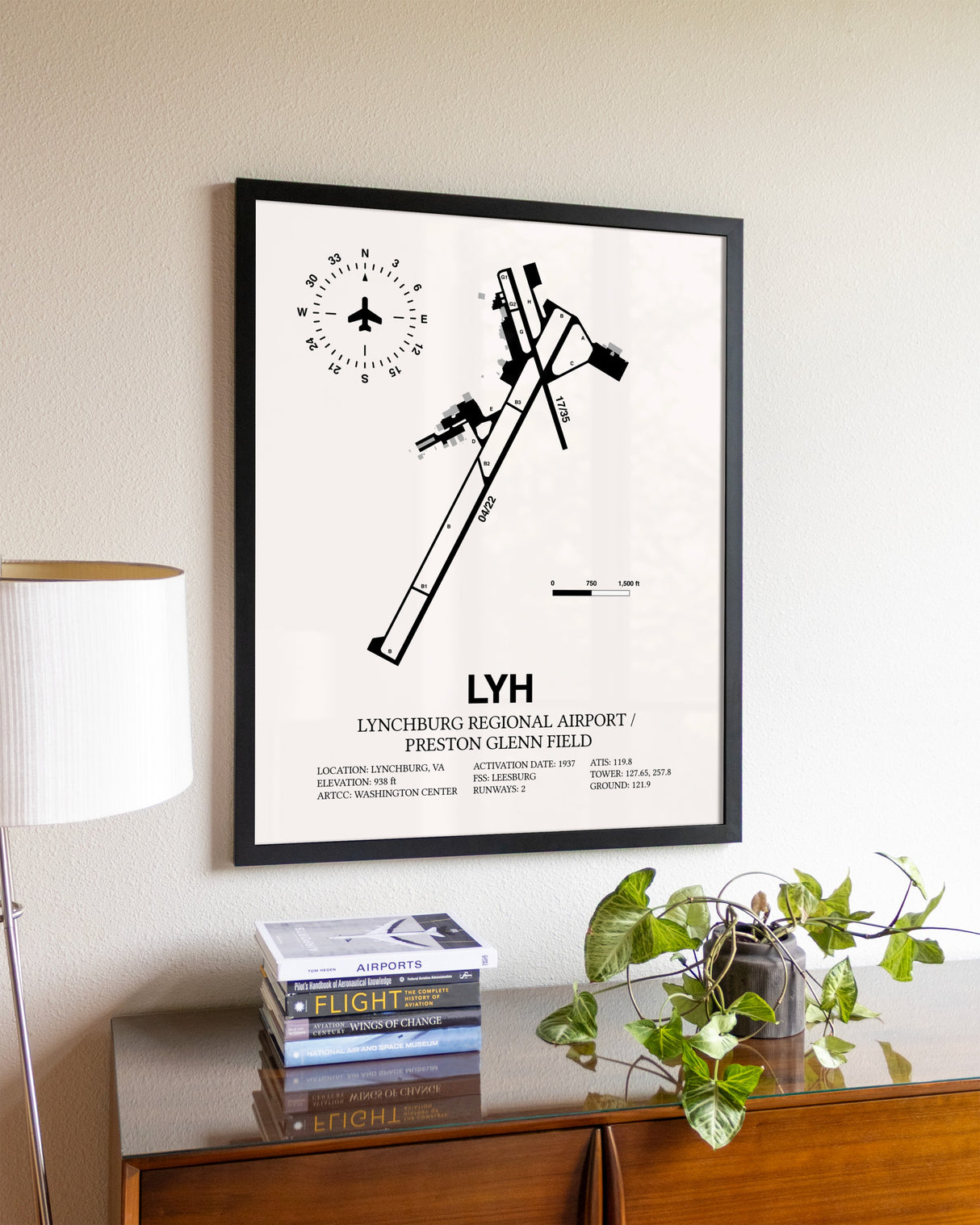 Lynchburg Regional Airport / Preston Glenn Field aviation wall décor in black wood frame