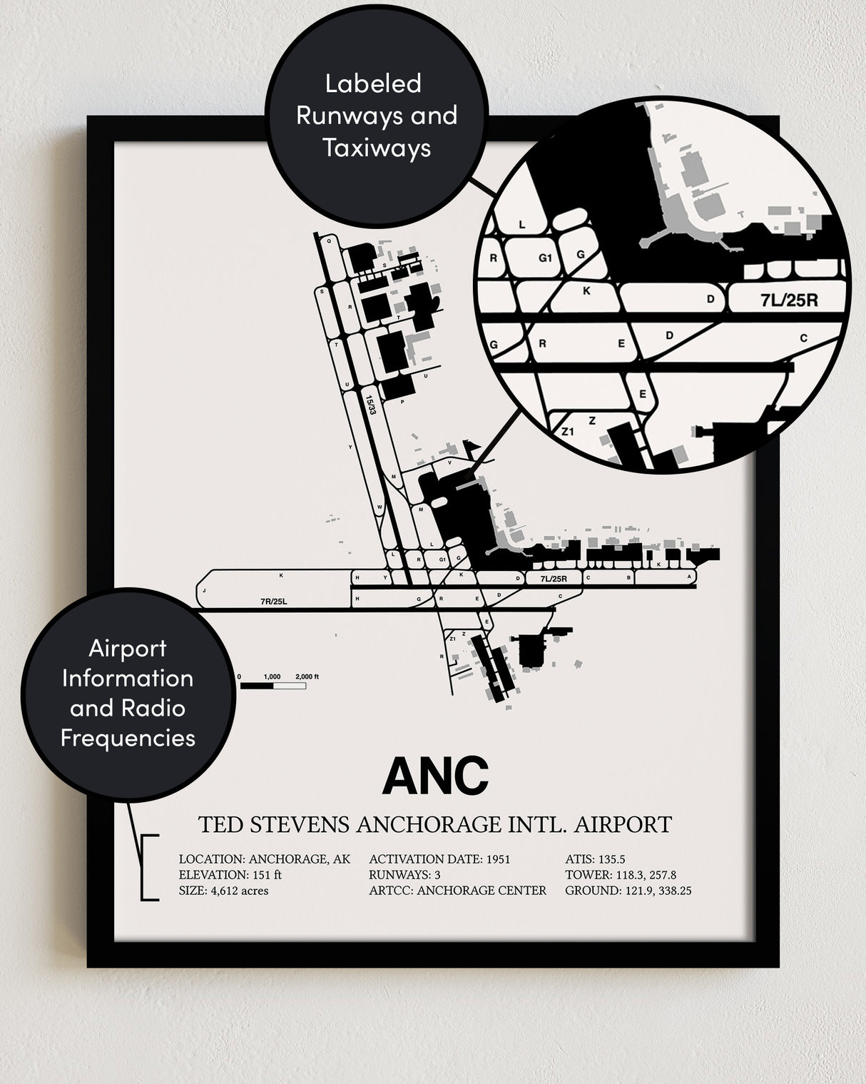 Framed Detailed Airport Map of Ted Stevens Anchorage International Airport (ANC) in White with a Black Frame