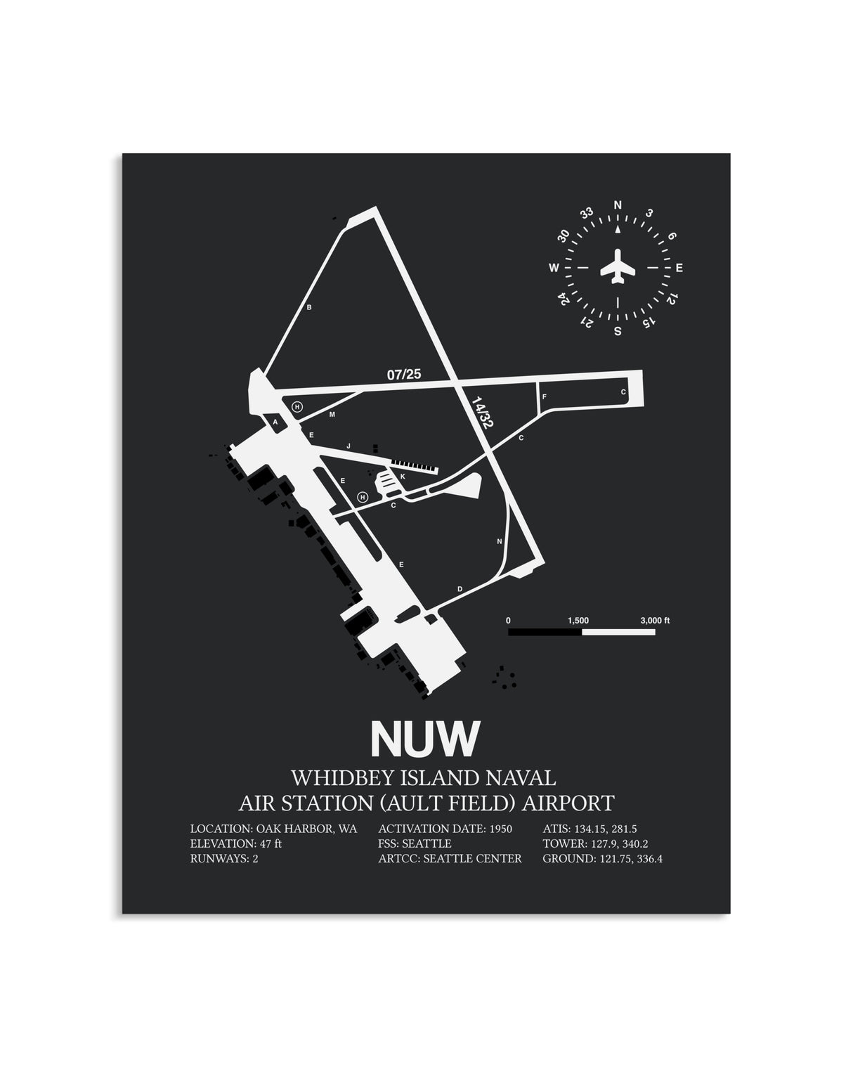 Gray Framed Whidbey Island Naval Air Station (Ault Field) Airport layout wall art poster