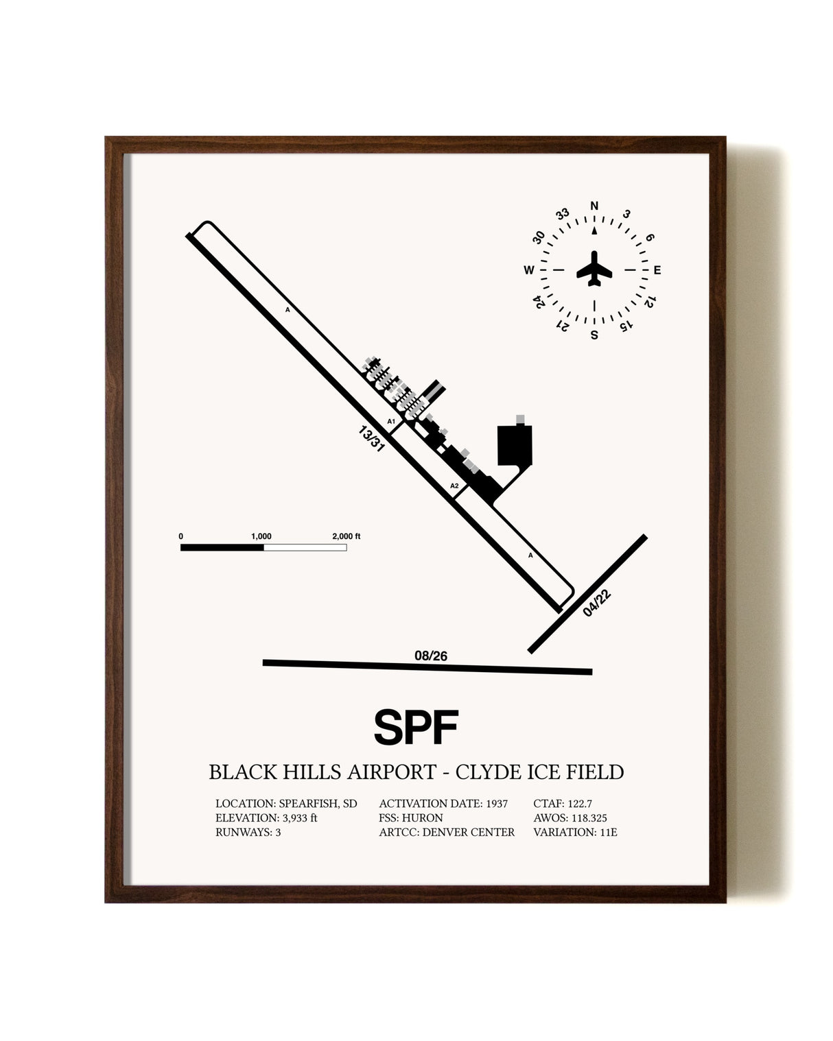 Black Hills Airport-Clyde Ice Field aviation print in walnut frame