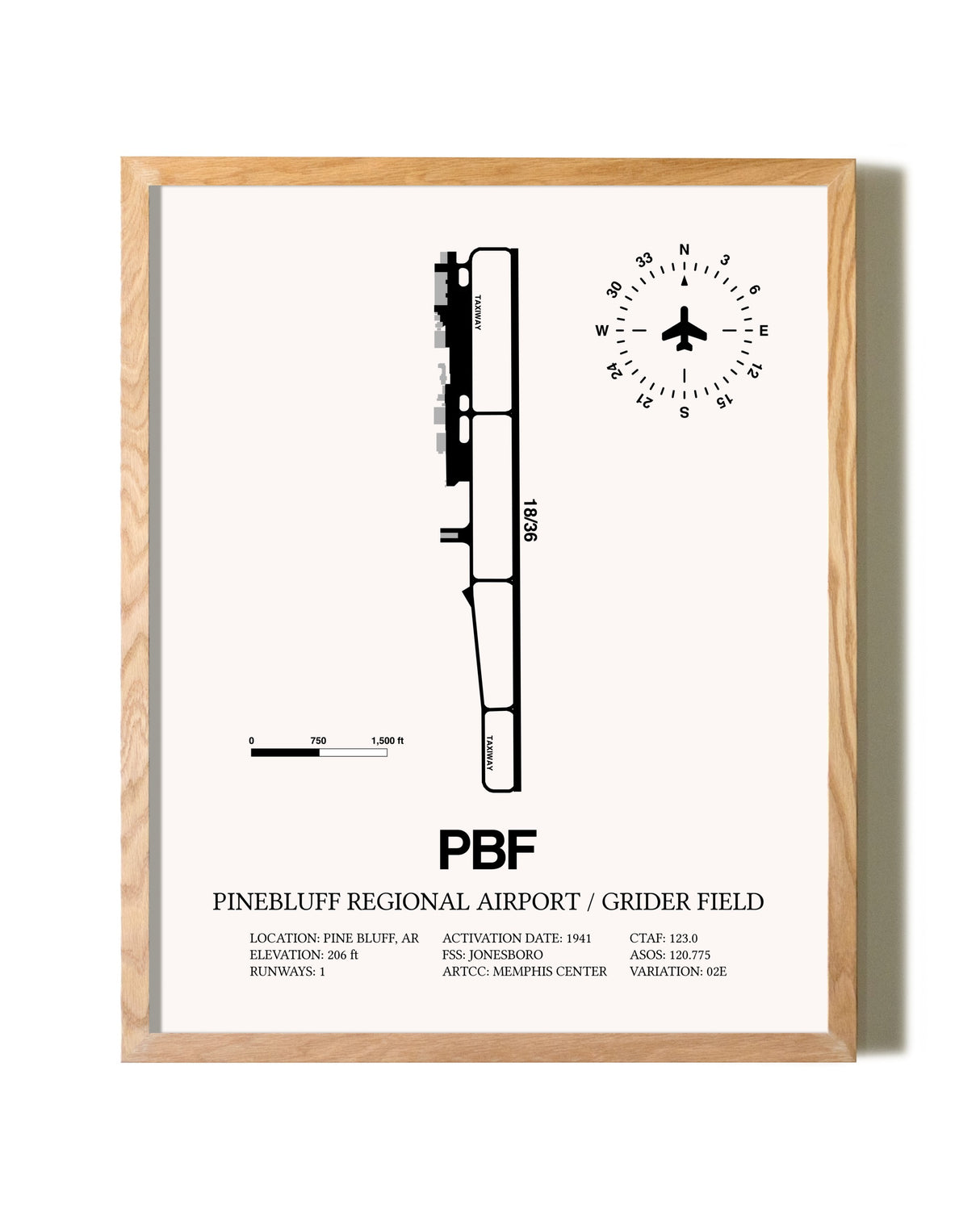 Pinebluff Regional Airport / Grider Field framed print in natural wood frame