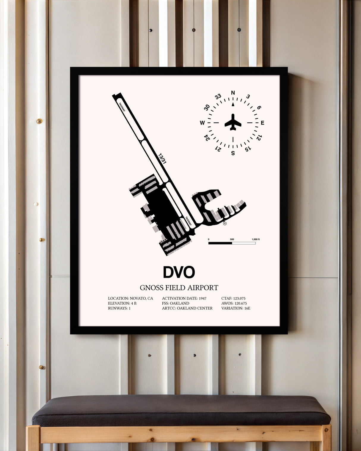 Gnoss Field Airport framed poster displayed in an airplane hangar