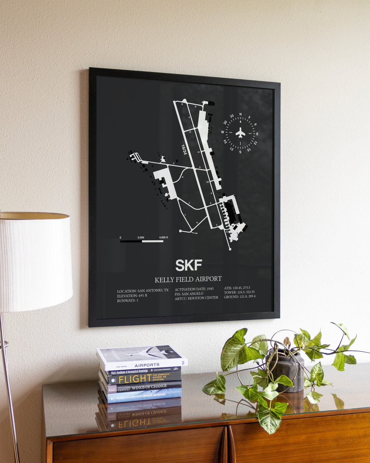 Gray Framed Kelly Field Airport wall art poster in black frame
