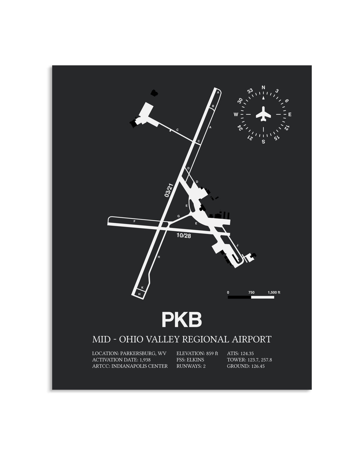 Gray Framed Mid-Ohio Valley Regional Airport layout wall art poster