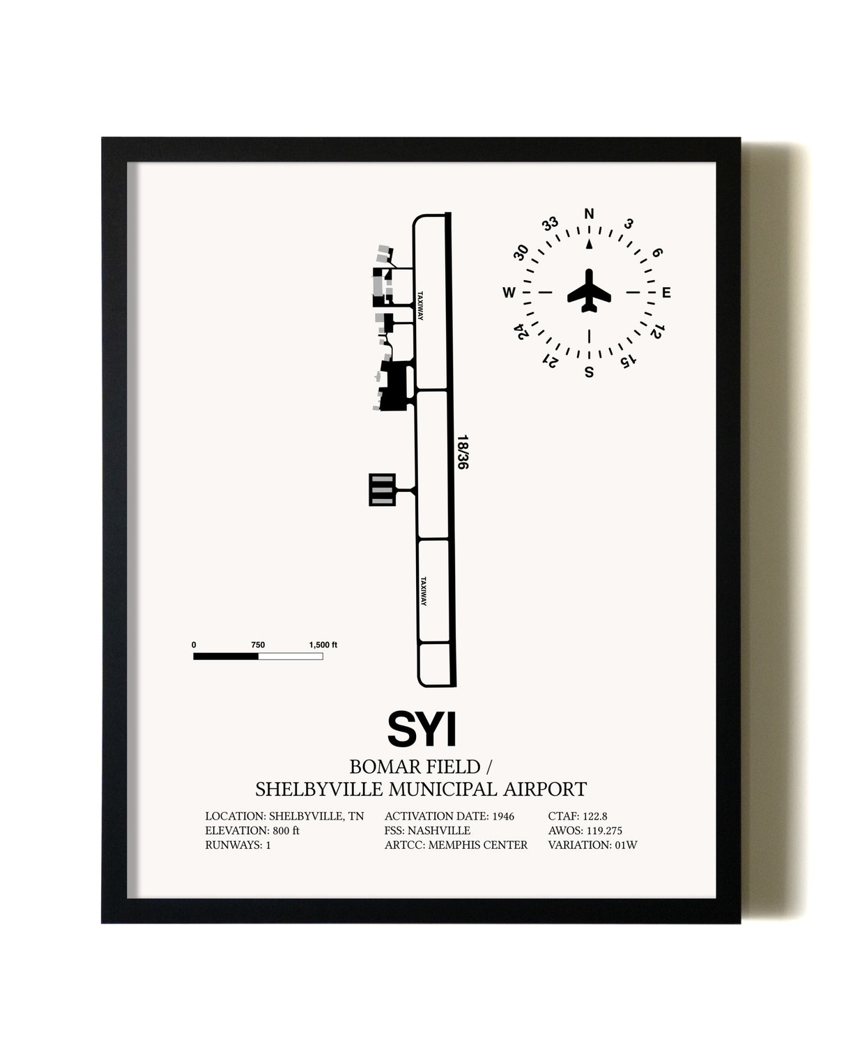 Framed Bomar Field / Shelbyville Municipal Airport wall art poster in black frame